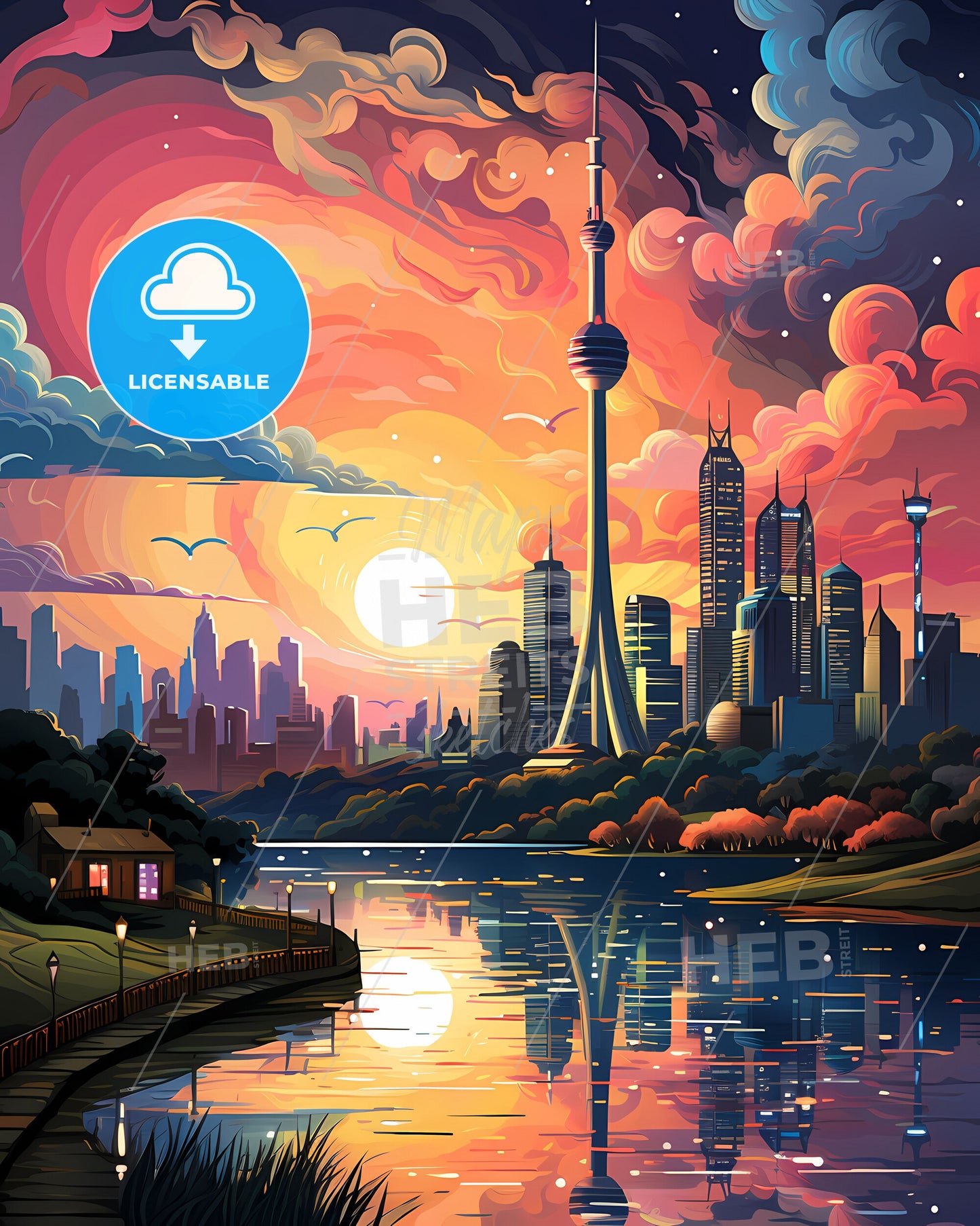 Colorful Cityscape Painting of Viamao Brazil Skyline with Vibrant Sky