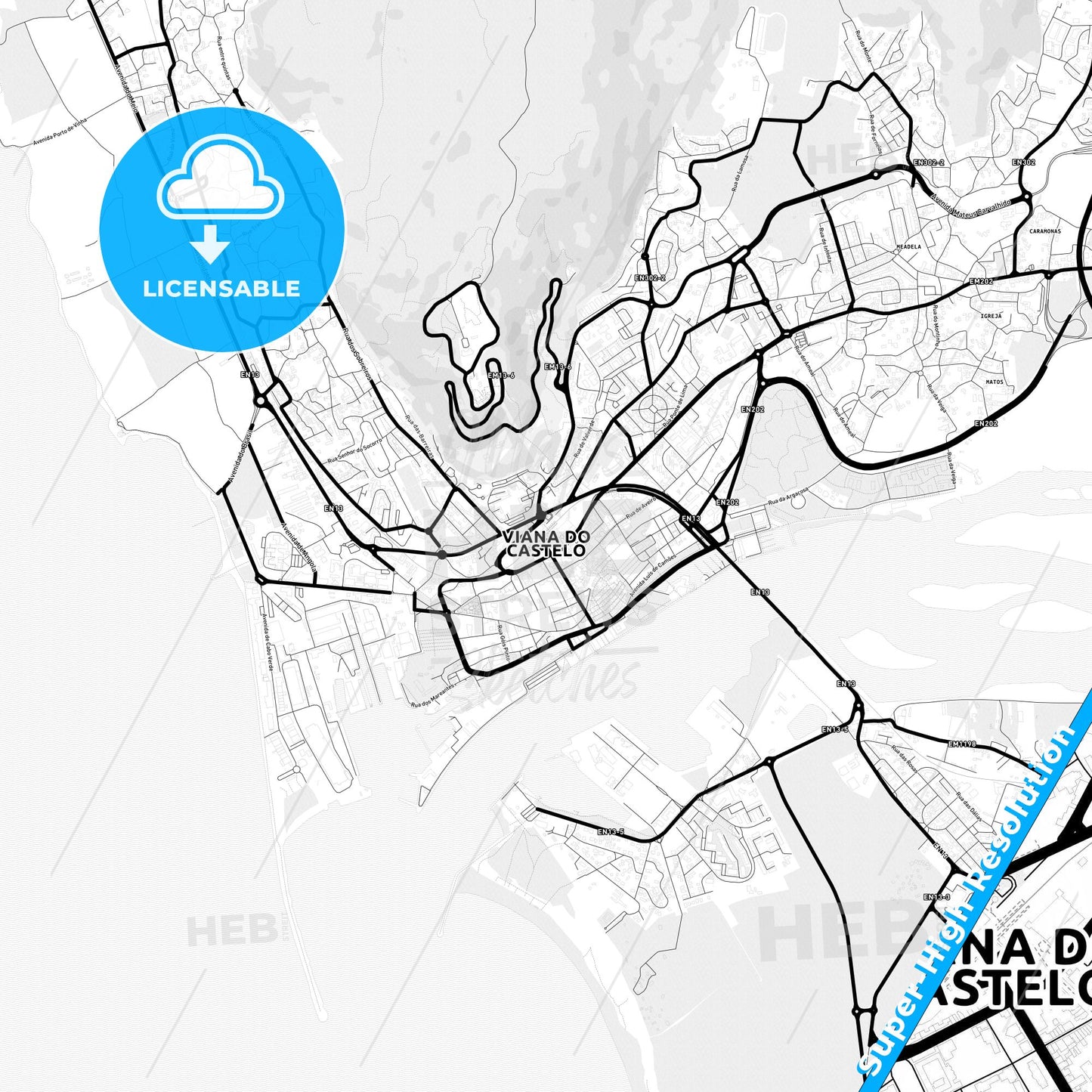 Viana do Castelo, Portugal Light Map with Street Names, City Names, and Districts