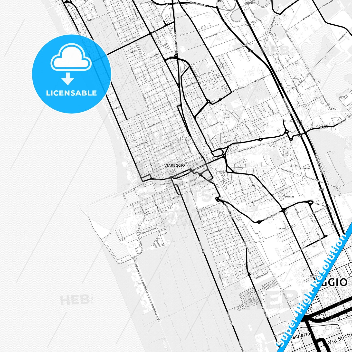 Viareggio, Italy Light Map with Street Names, City Names, and Districts