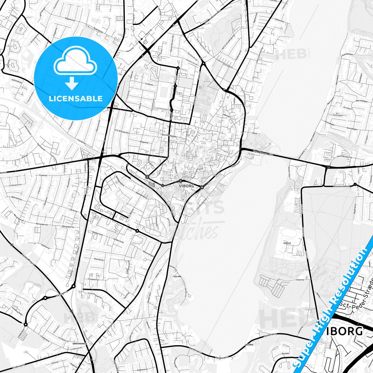 Viborg, Denmark Light Map with Street Names, City Names, and Districts