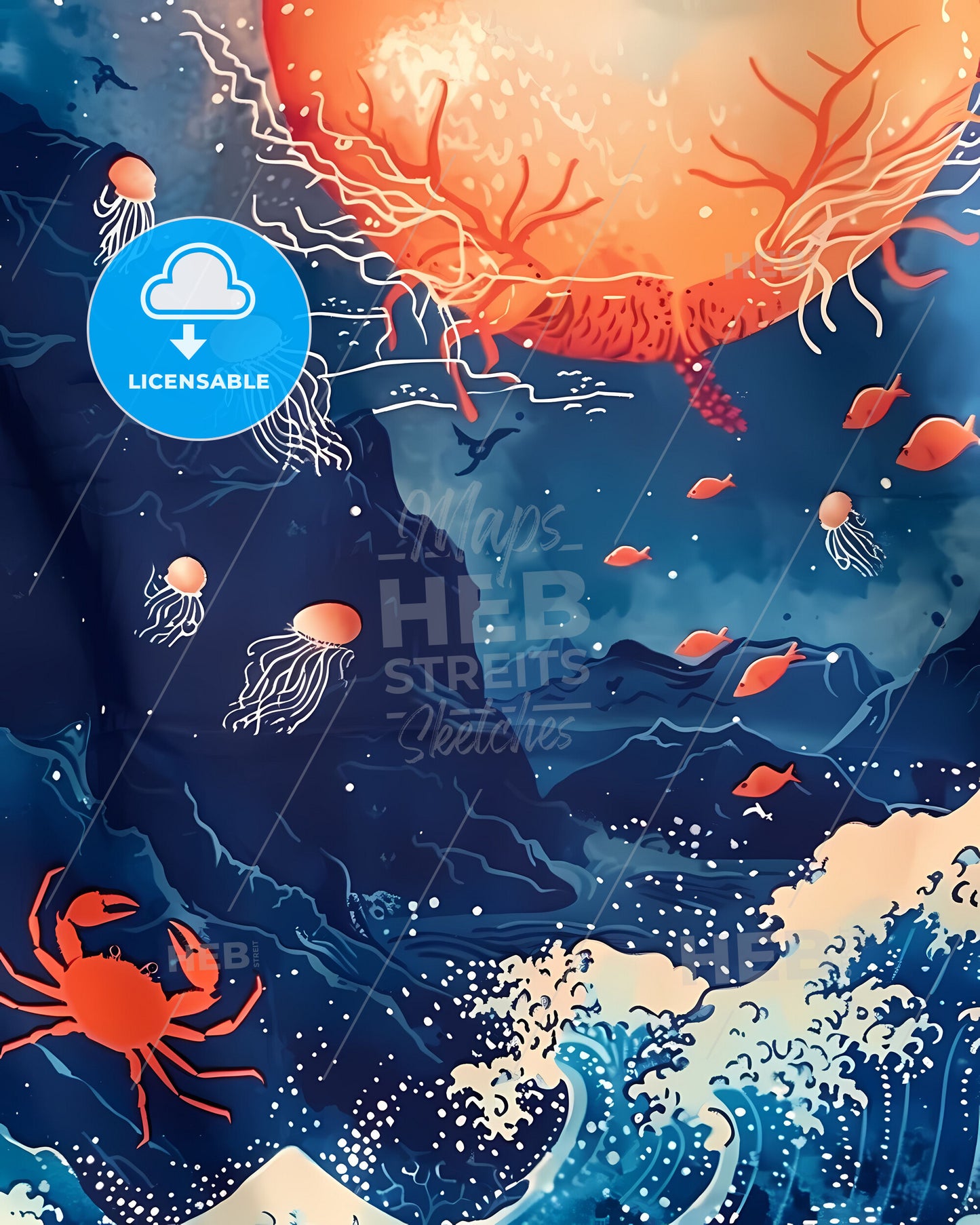 Vibrant Blue Seascape Painting with Dancing Fish and Whirling Jellyfish