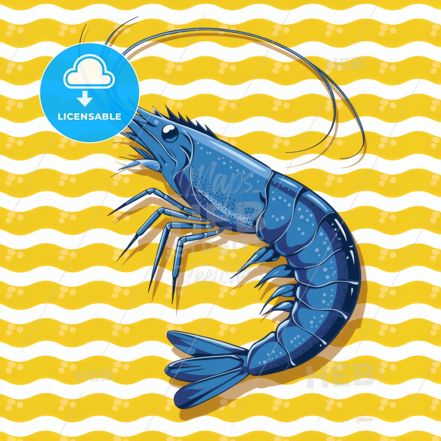 Vibrant Cobalt Shrimp: Striking Nautical Art with Bold Yellow and White Stripes