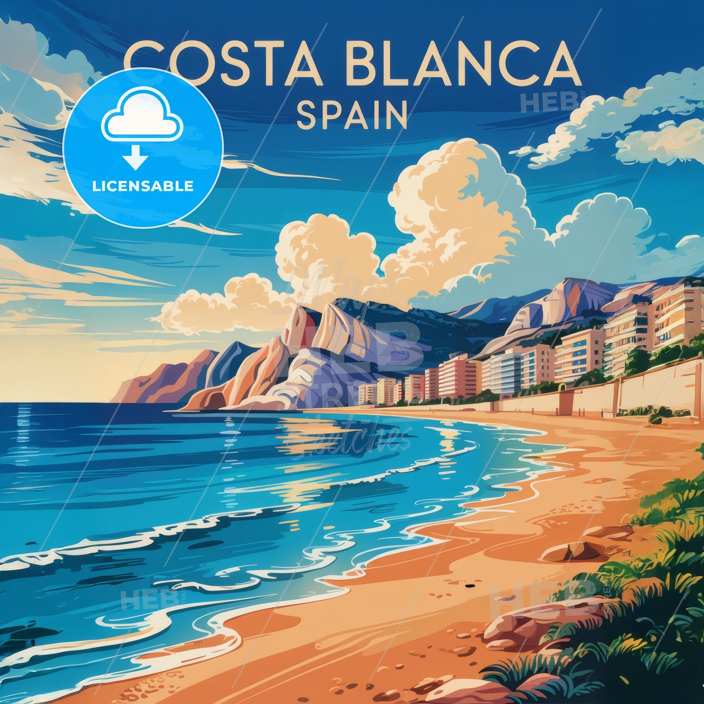 Vibrant Costa Blanca Travel Poster: Stylish Beach Scene & Stunning Coastal Views