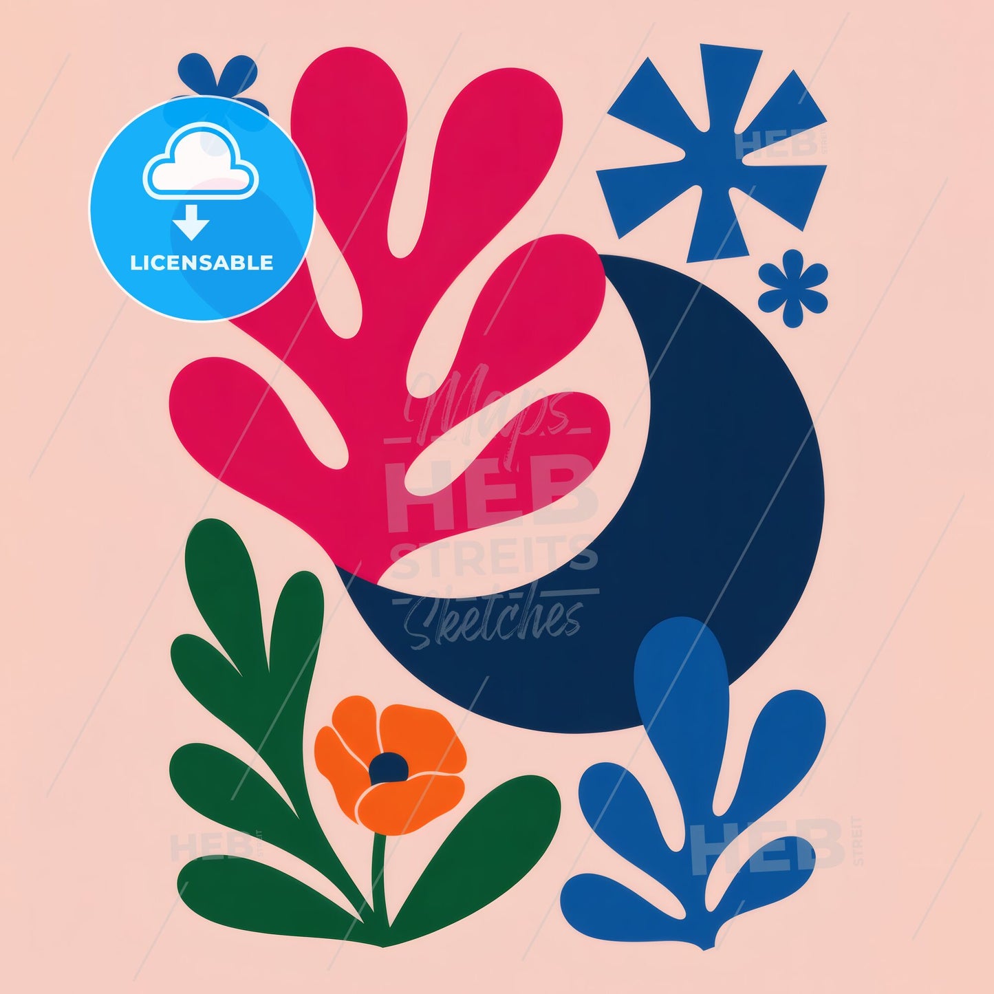 Vibrant Abstract Floral Composition with Colorful Botanicals and Geometric Shapes on Soft Pink Background.