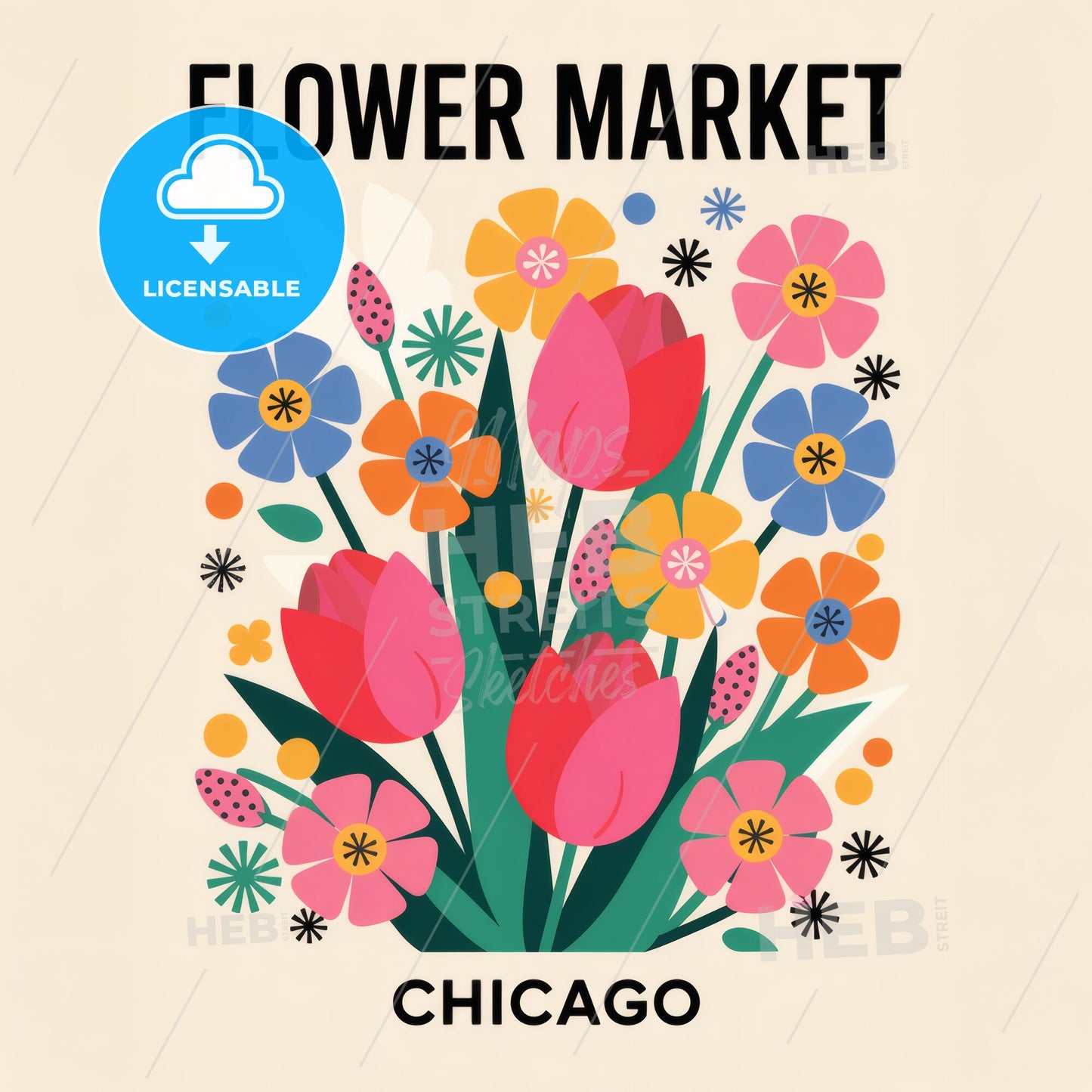 Vibrant Floral Chic: Modern Art Print Celebrating Chicago's Flower Market