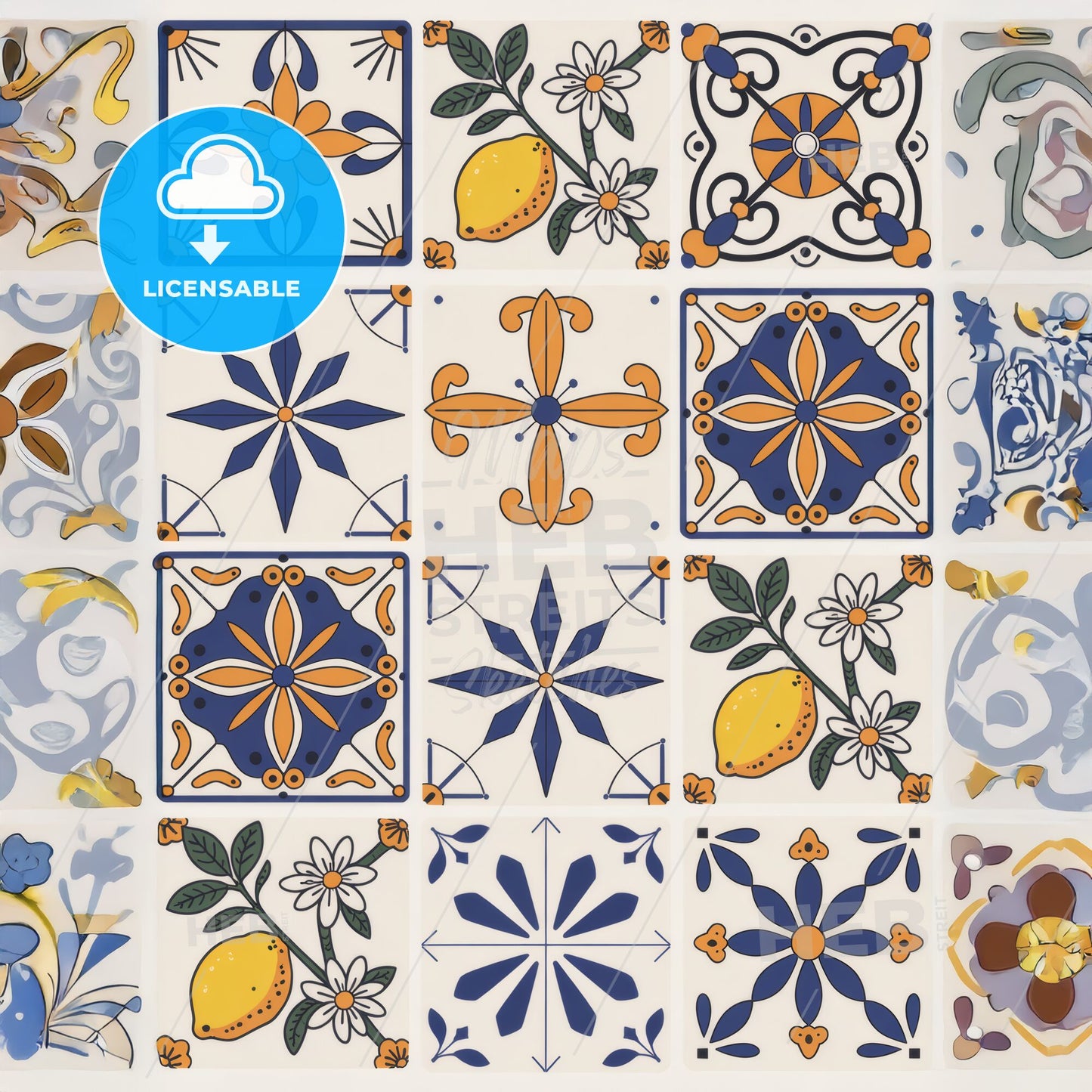 Vibrant Mediterranean Tile Patterns: Hand-Painted Spanish Colonial Art Print