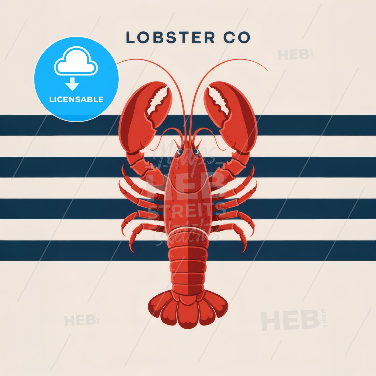 Vibrant Red Lobster Silhouette on Nautical Striped Background – Coastal Art Print