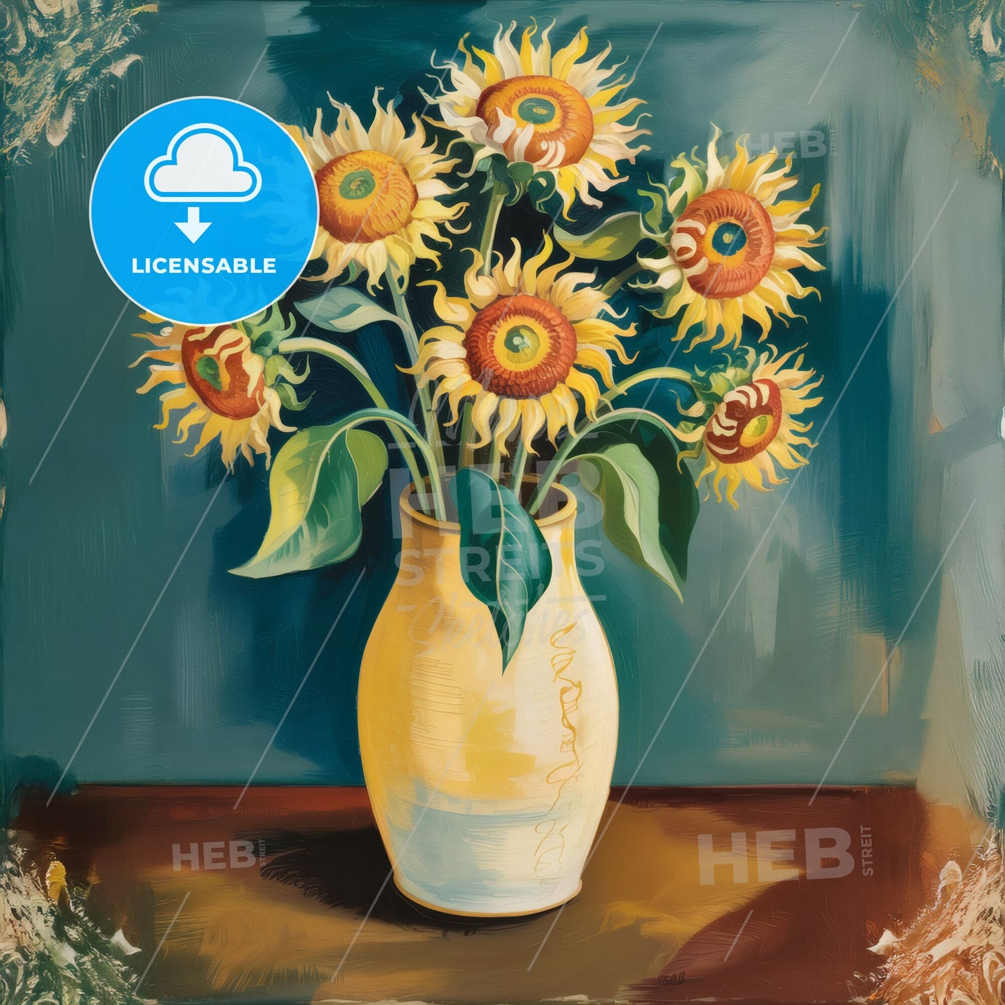 Vibrant Sunflowers: Matisse-Inspired Elegance in Teal and Cream Harmony