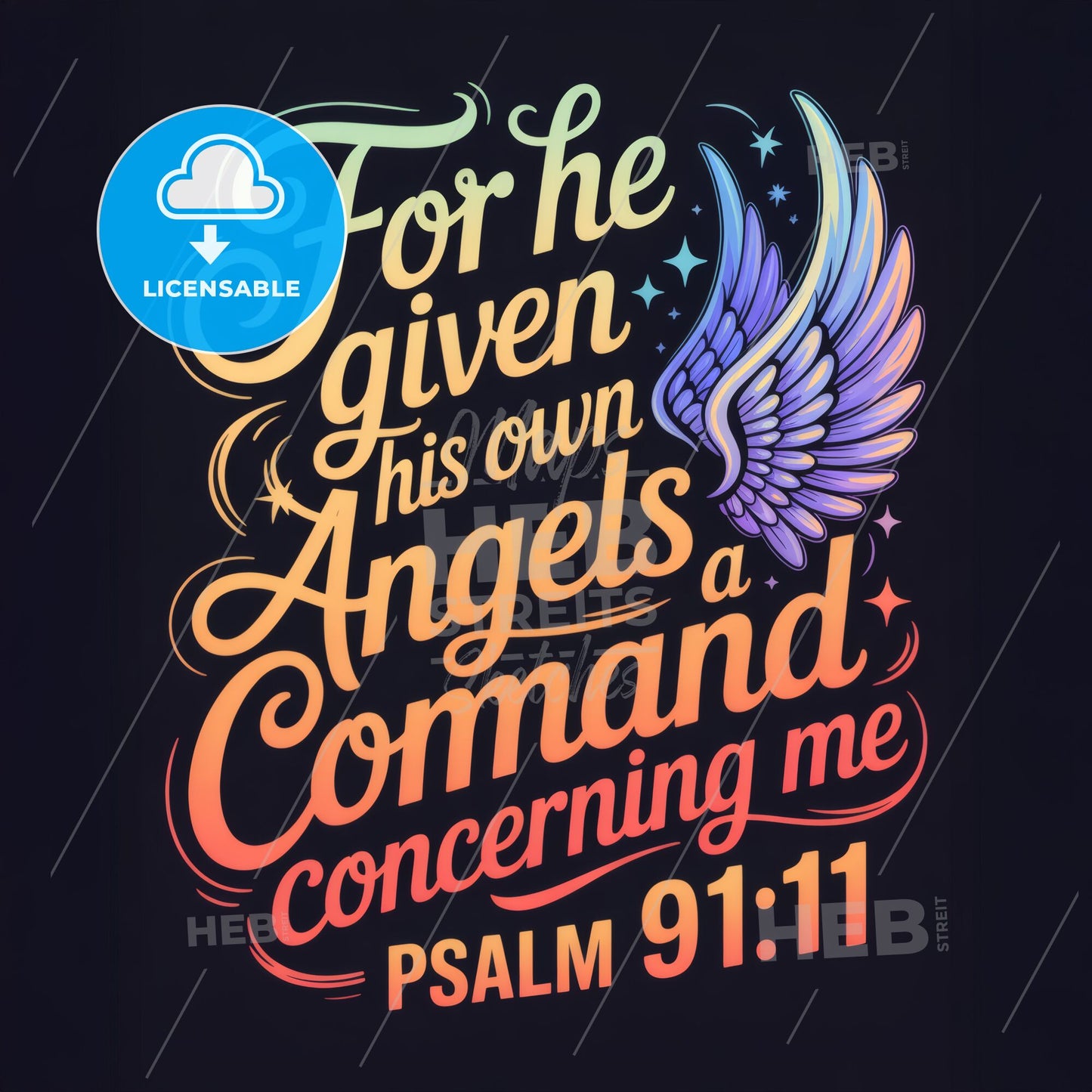Vibrant Inspirational Typography Design Featuring Psalm 91:11 with Angelic Motifs and Colorful Background