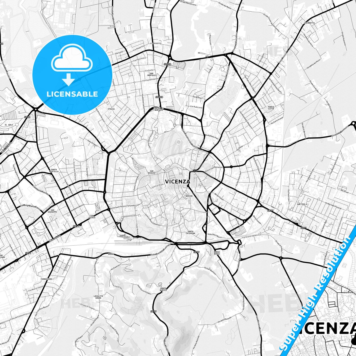 Vicenza, Italy Light Map with Street Names, City Names, and Districts