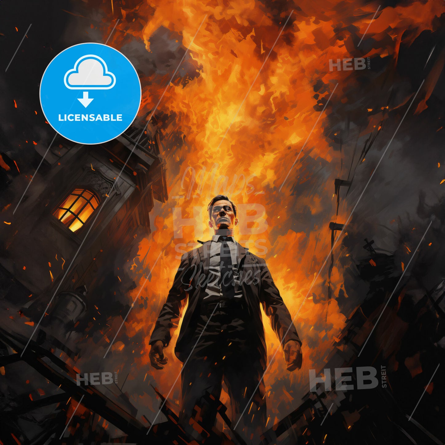 A Man Standing In Front Of A Building With Fire