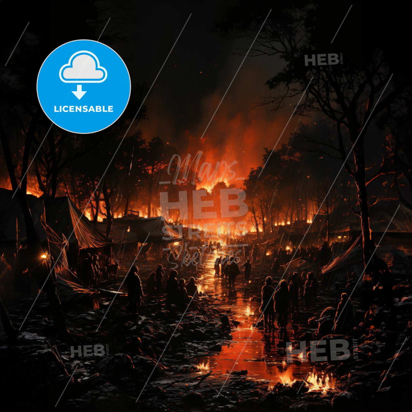 A Group Of People Walking Through A Forest With Tents And Fire