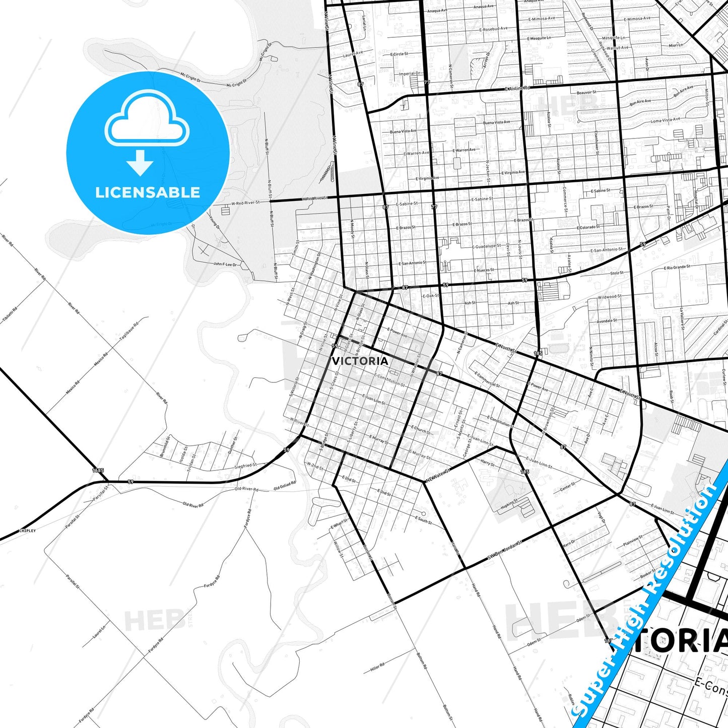 Victoria, Texas Light Map with Street Names, City Names, and Districts