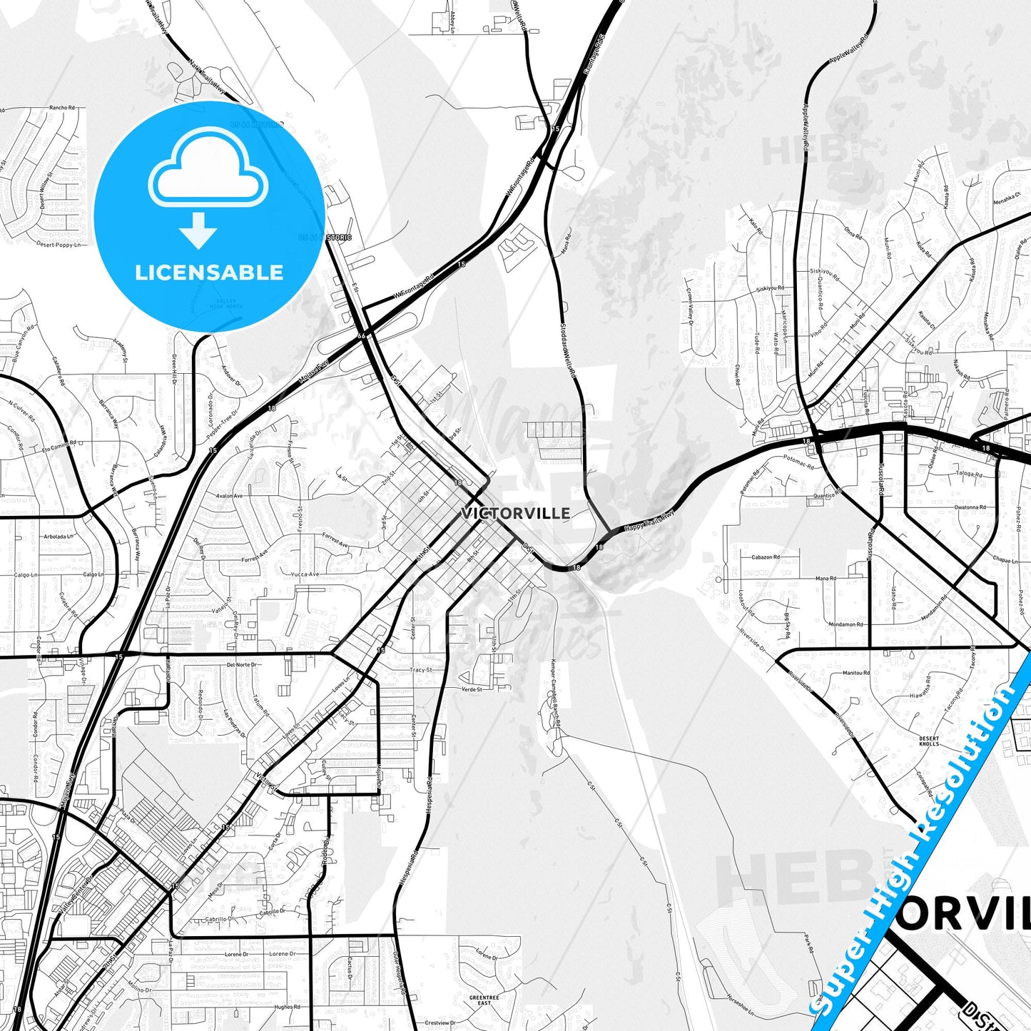 Victorville, California Light Map with Street Names, City Names, and Districts
