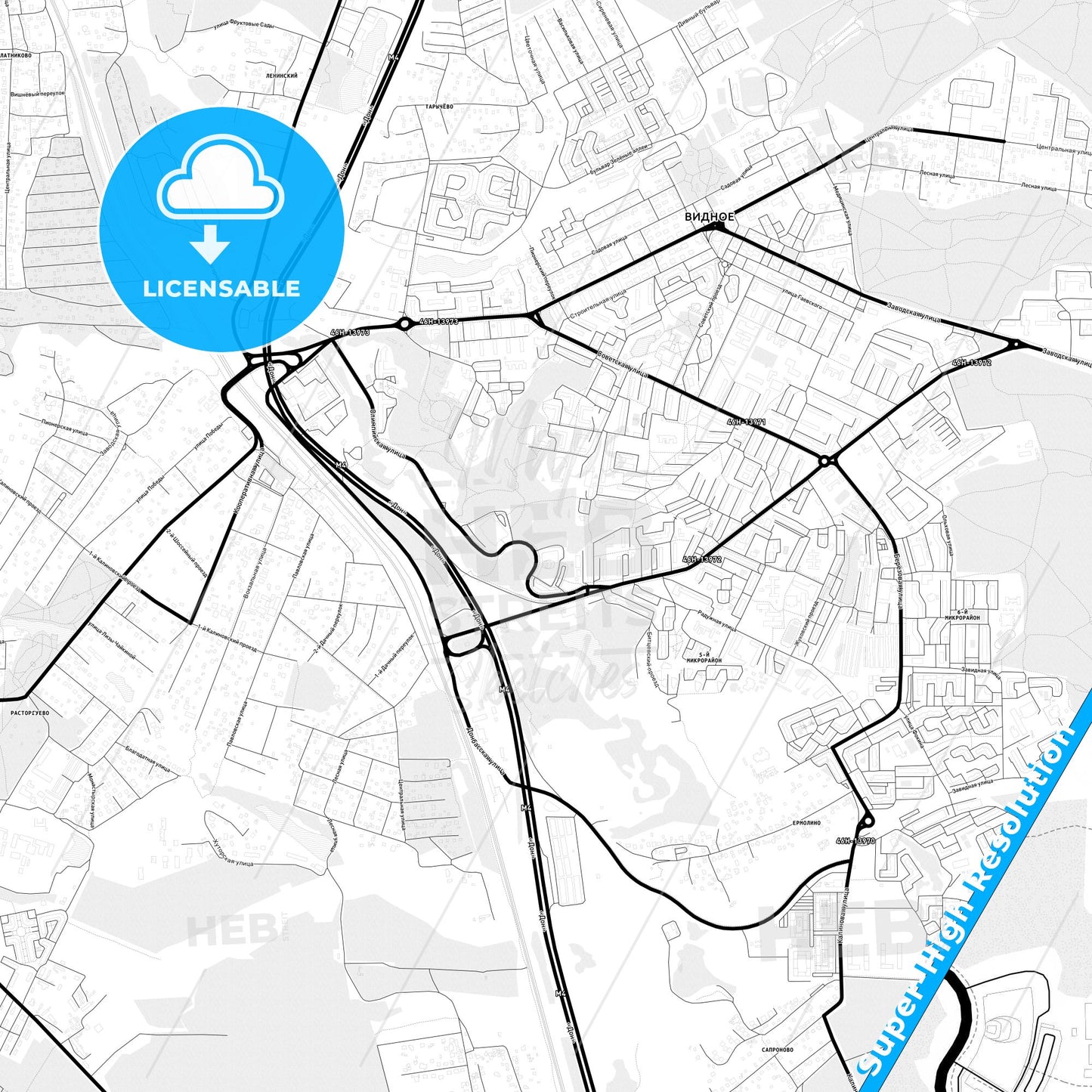 Vidnoye, Russia Light Map with Street Names, City Names, and Districts