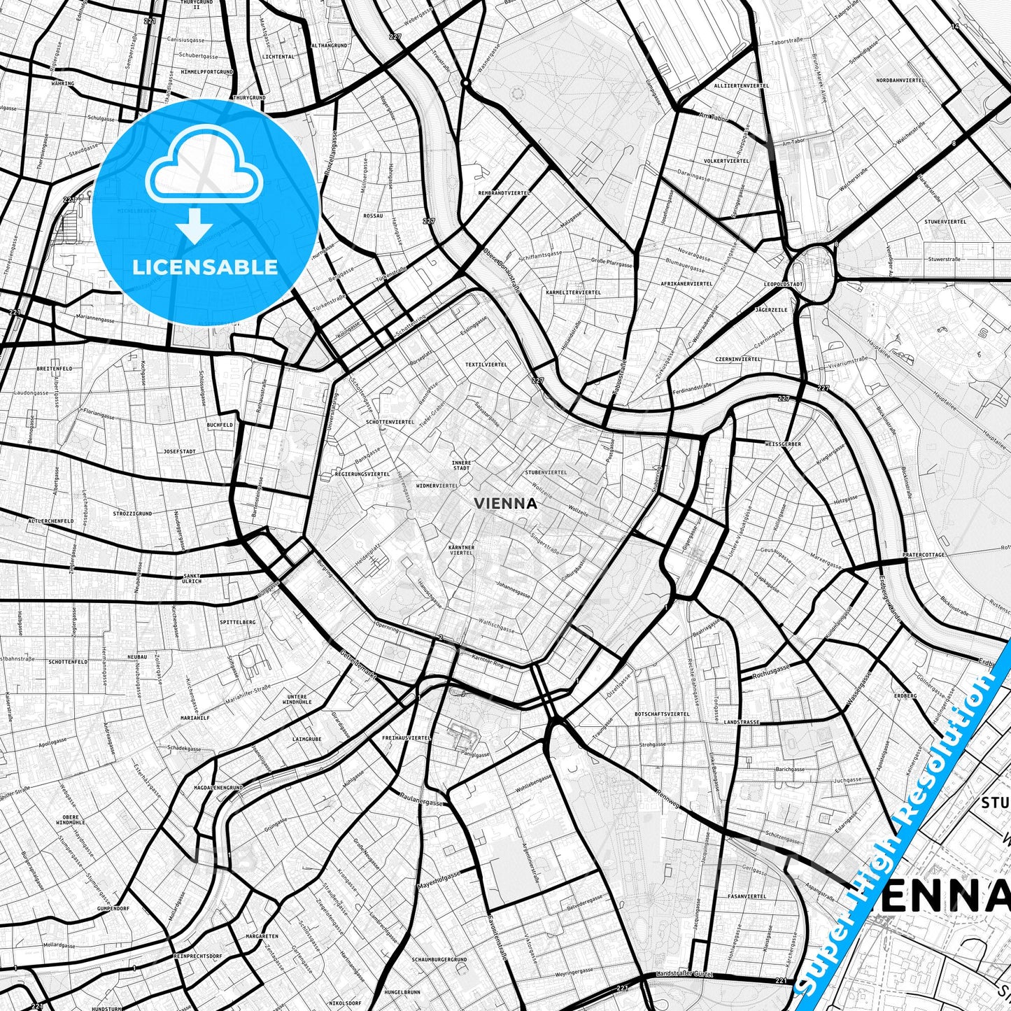 Vienna, Austria Light Map with Street Names, City Names, and Districts
