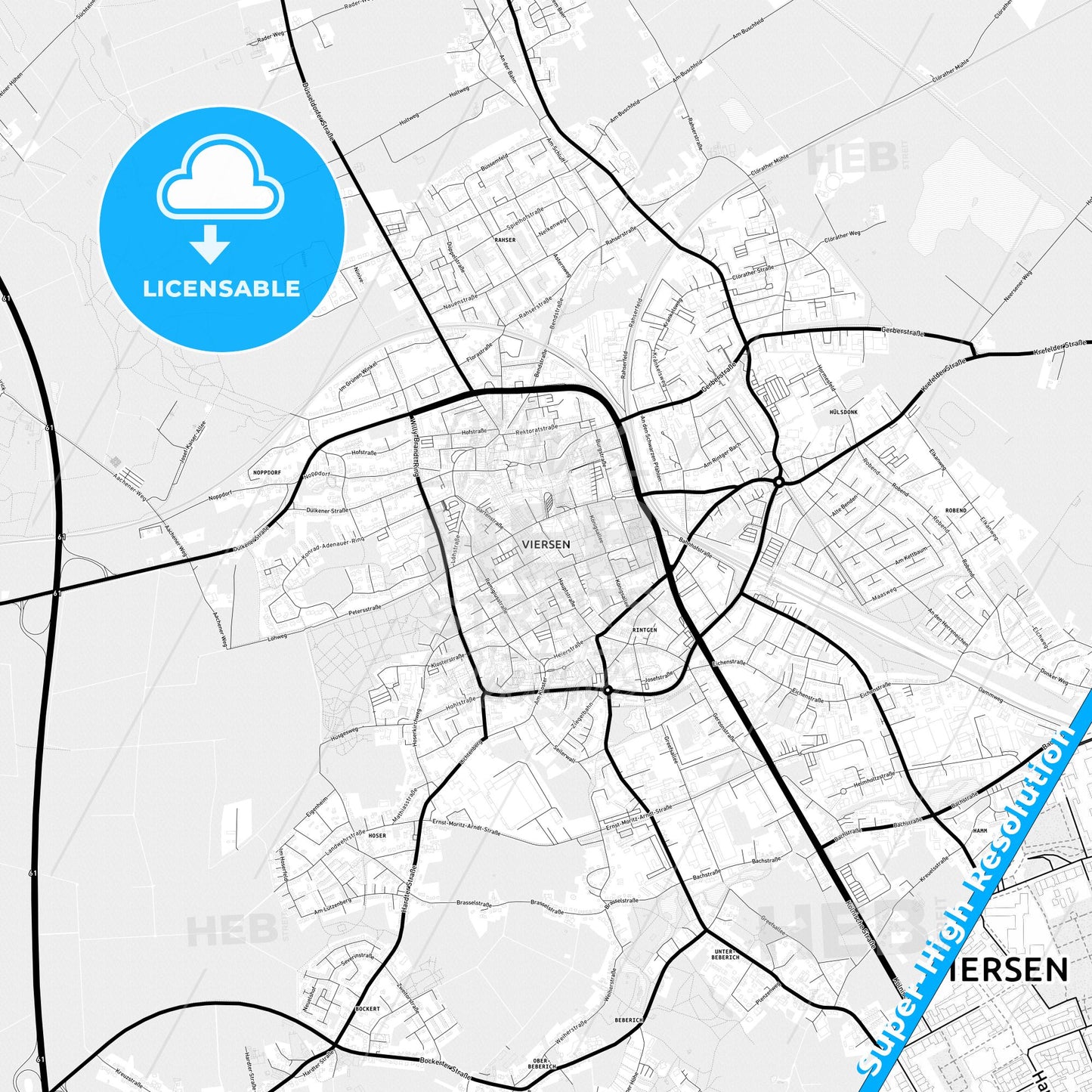 Viersen, Germany Light Map with Street Names, City Names, and Districts
