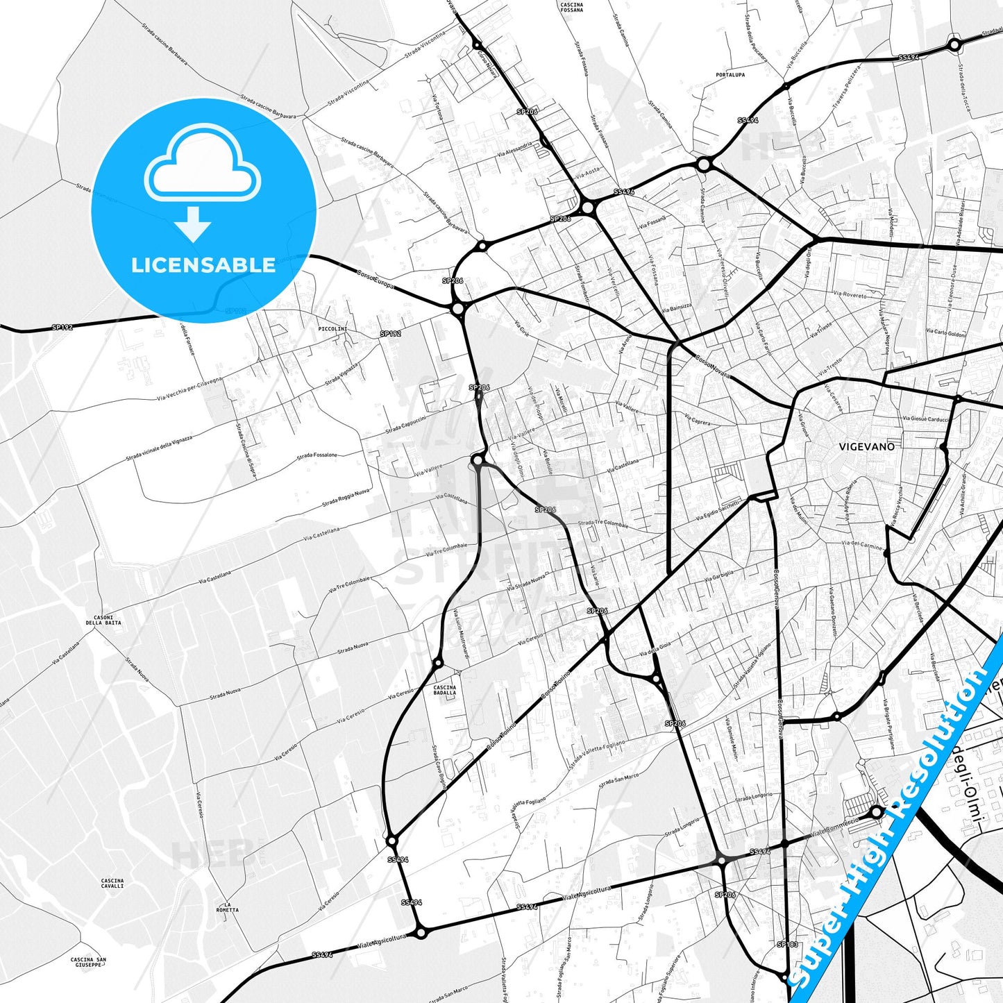 Vigevano, Italy Light Map with Street Names, City Names, and Districts