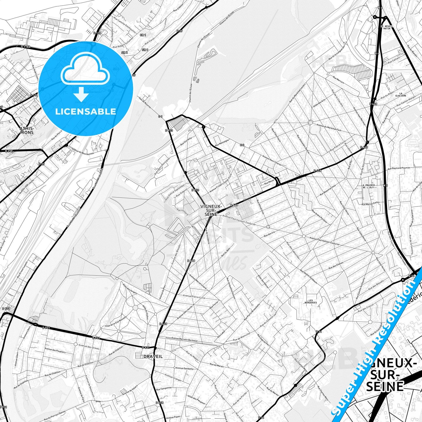 Vigneux-sur-Seine, France Light Map with Street Names, City Names, and Districts