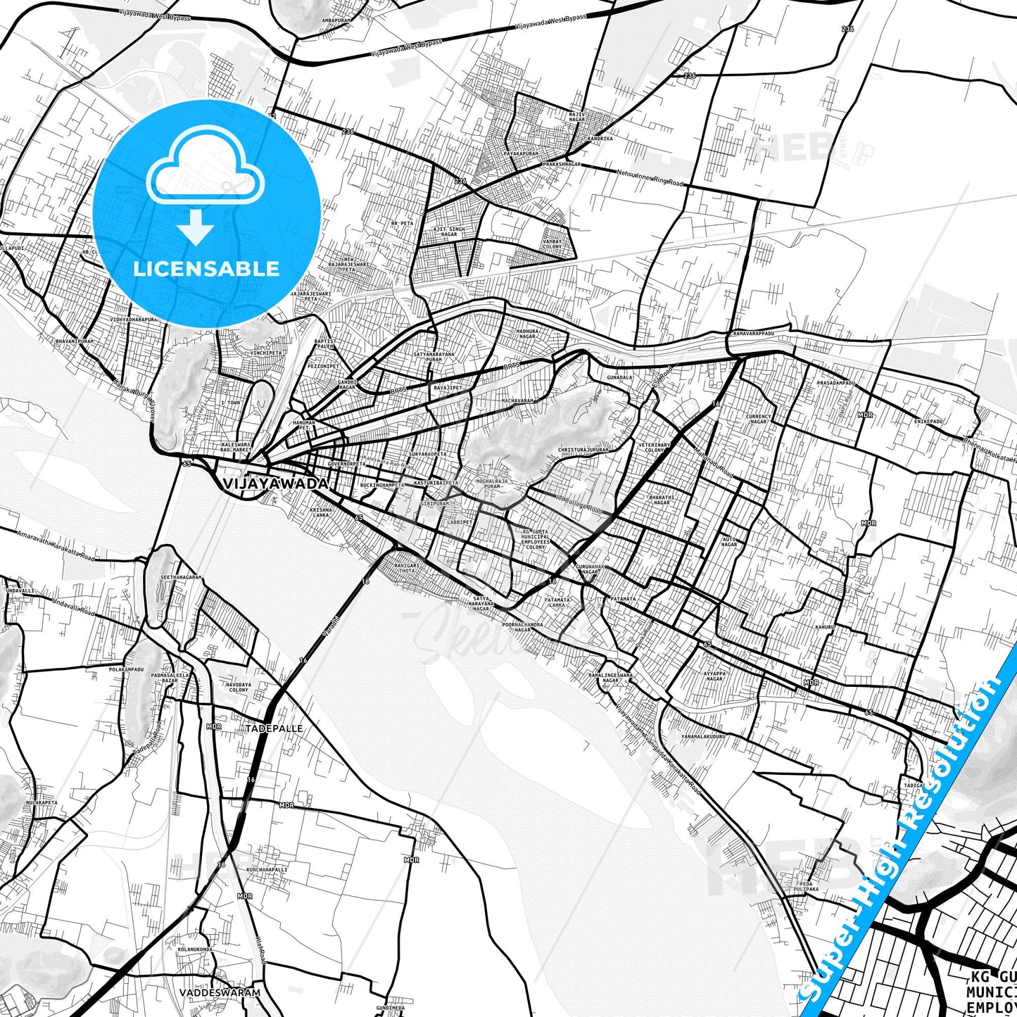 Vijayawada, India Light Map with Street Names, City Names, and Districts