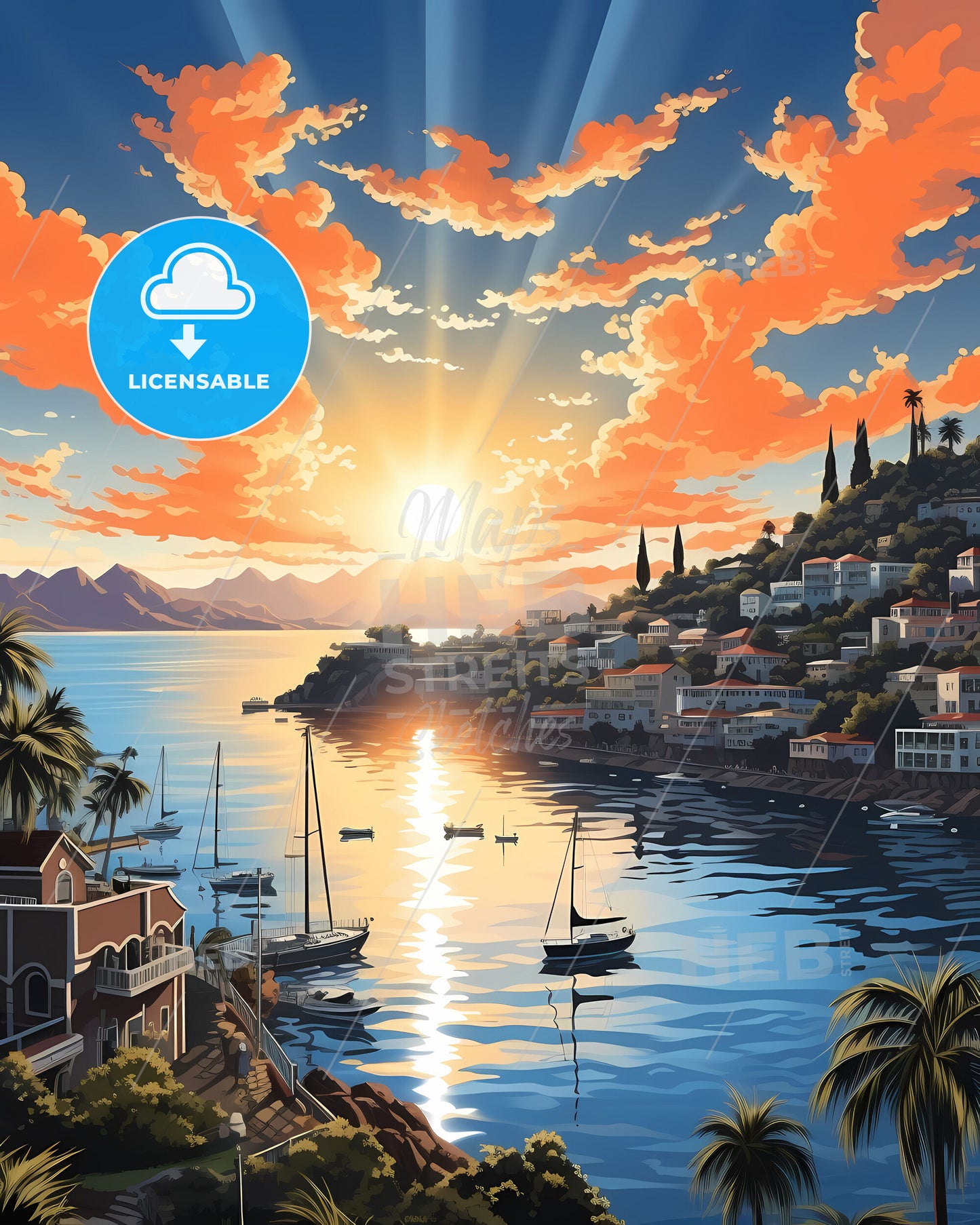 Vibrant Artistic Cityscape Painting Sunset over Vila Velha Brazil Skyline