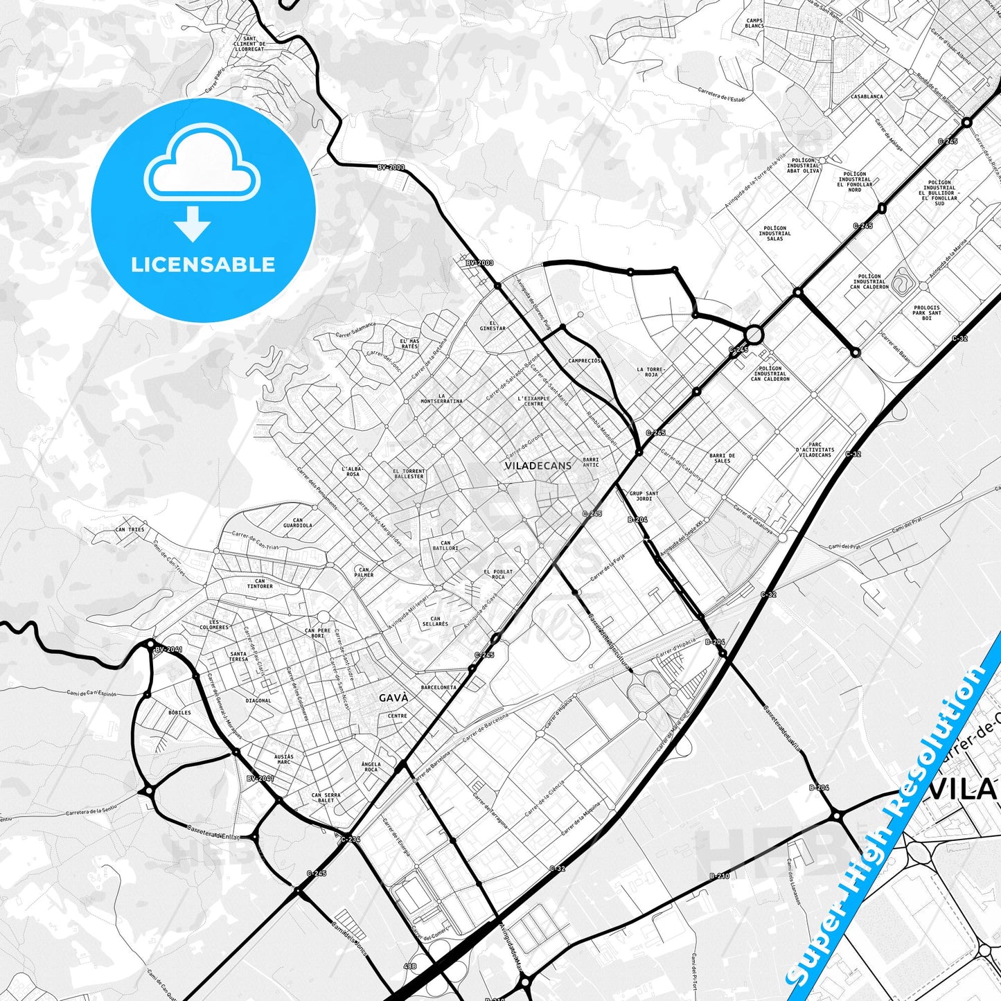 Viladecans, Spain Light Map with Street Names, City Names, and Districts