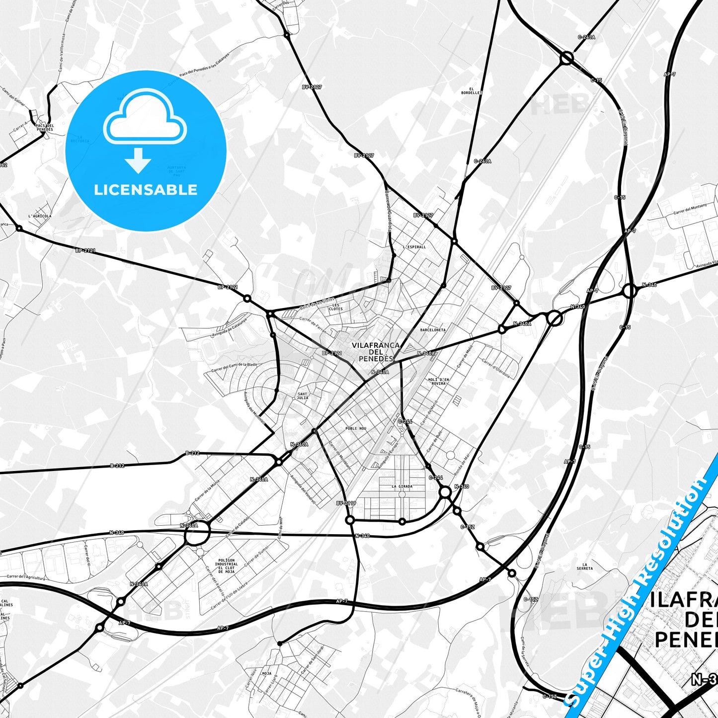 Vilafranca del Penedès, Spain Light Map with Street Names, City Names, and Districts
