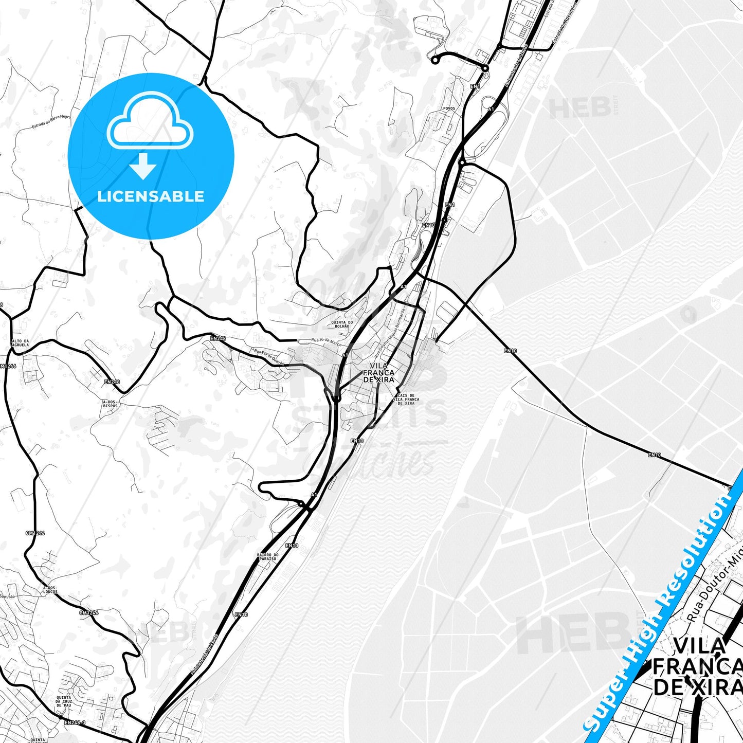 Vila Franca de Xira, Portugal Light Map with Street Names, City Names, and Districts