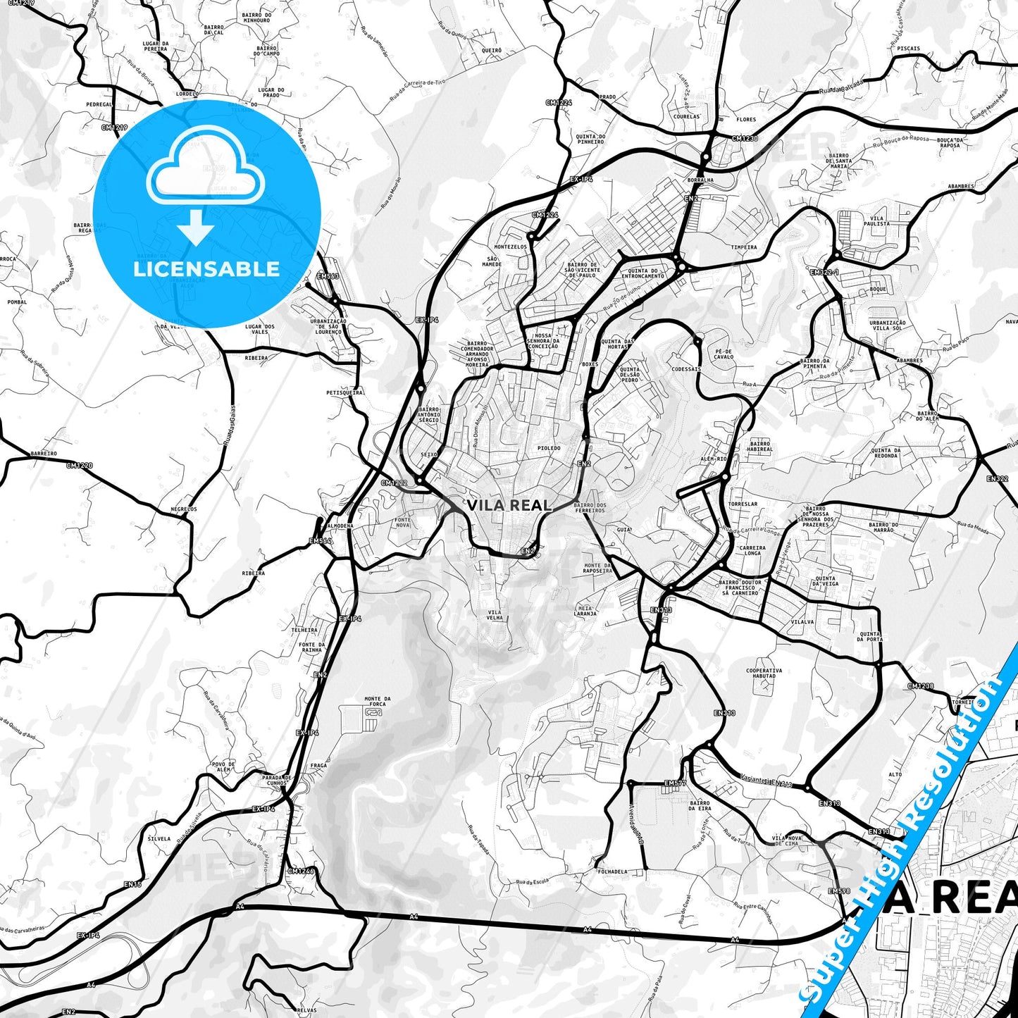 Vila Real, Portugal Light Map with Street Names, City Names, and Districts