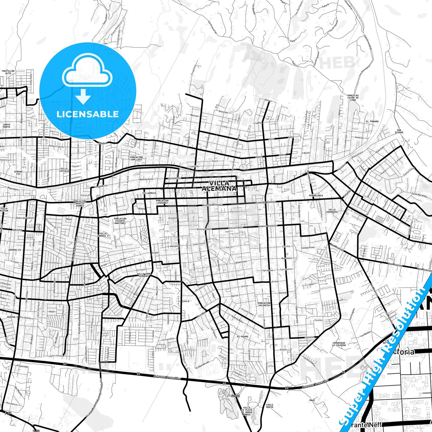 Villa Alemana, Chile Light Map with Street Names, City Names, and Districts