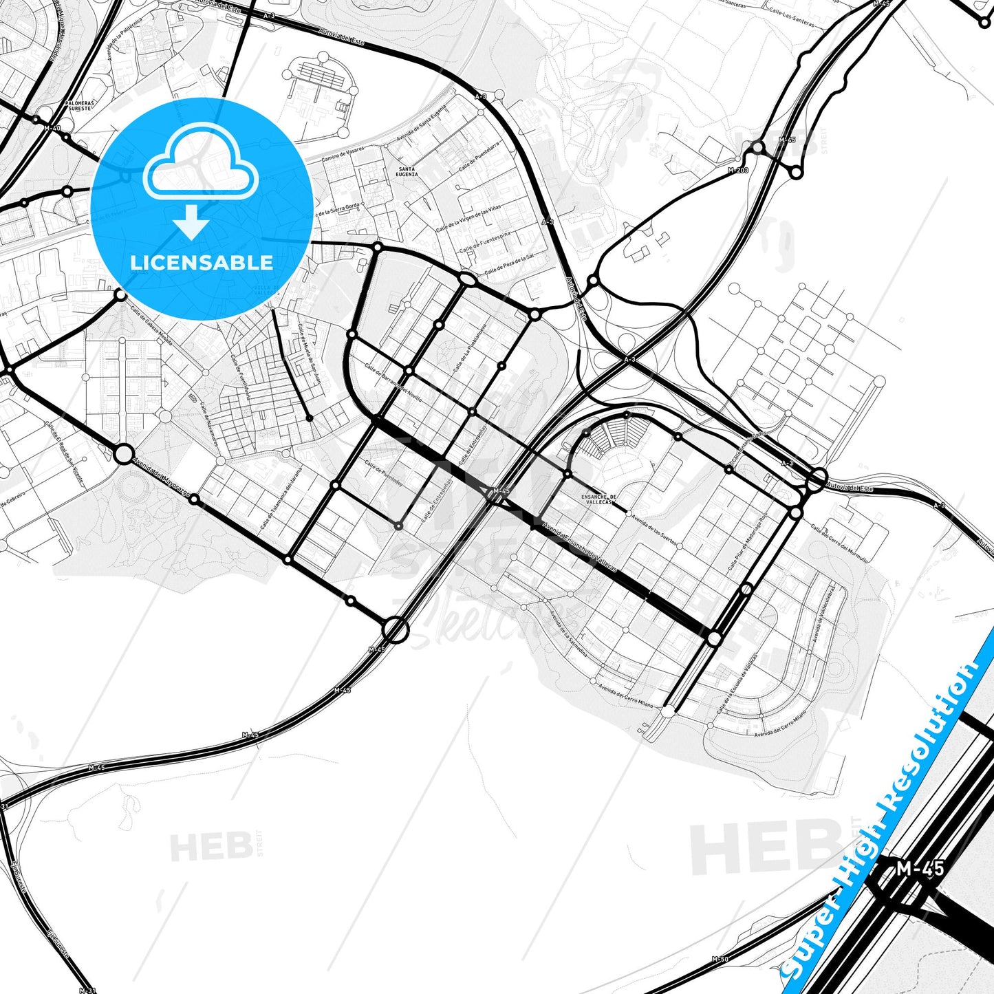 Villa de Vallecas, Spain Light Map with Street Names, City Names, and Districts