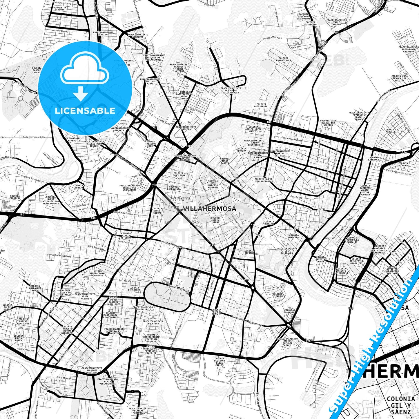 Villahermosa, Mexico Light Map with Street Names, City Names, and Districts