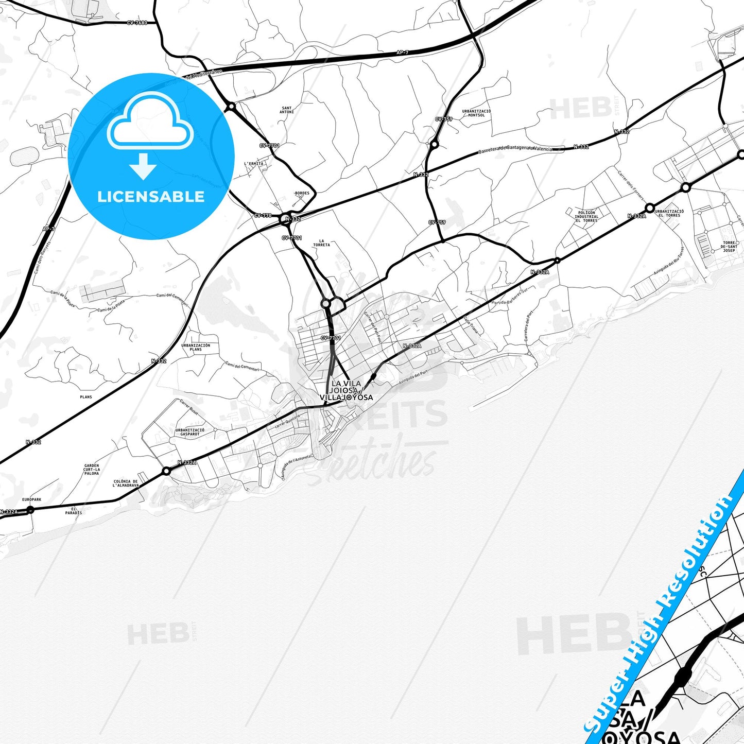 Villajoyosa, Spain Light Map with Street Names, City Names, and Districts