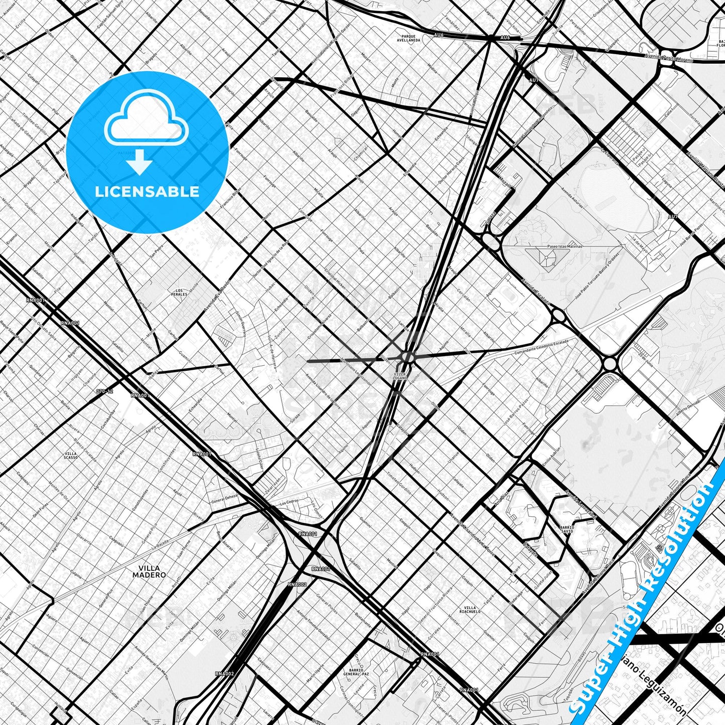 Villa Lugano, Argentina Light Map with Street Names, City Names, and Districts