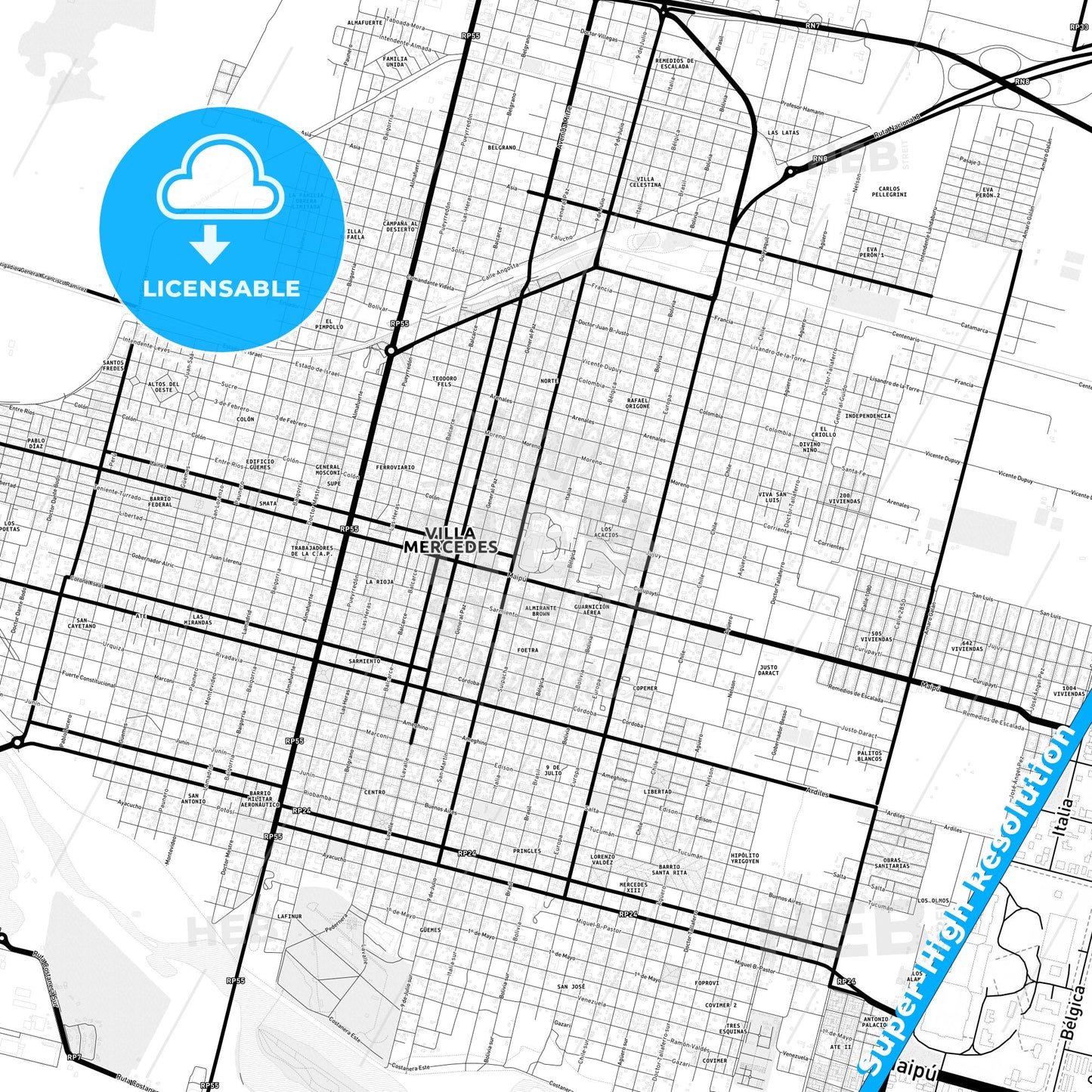 Villa Mercedes, Argentina Light Map with Street Names, City Names, and Districts