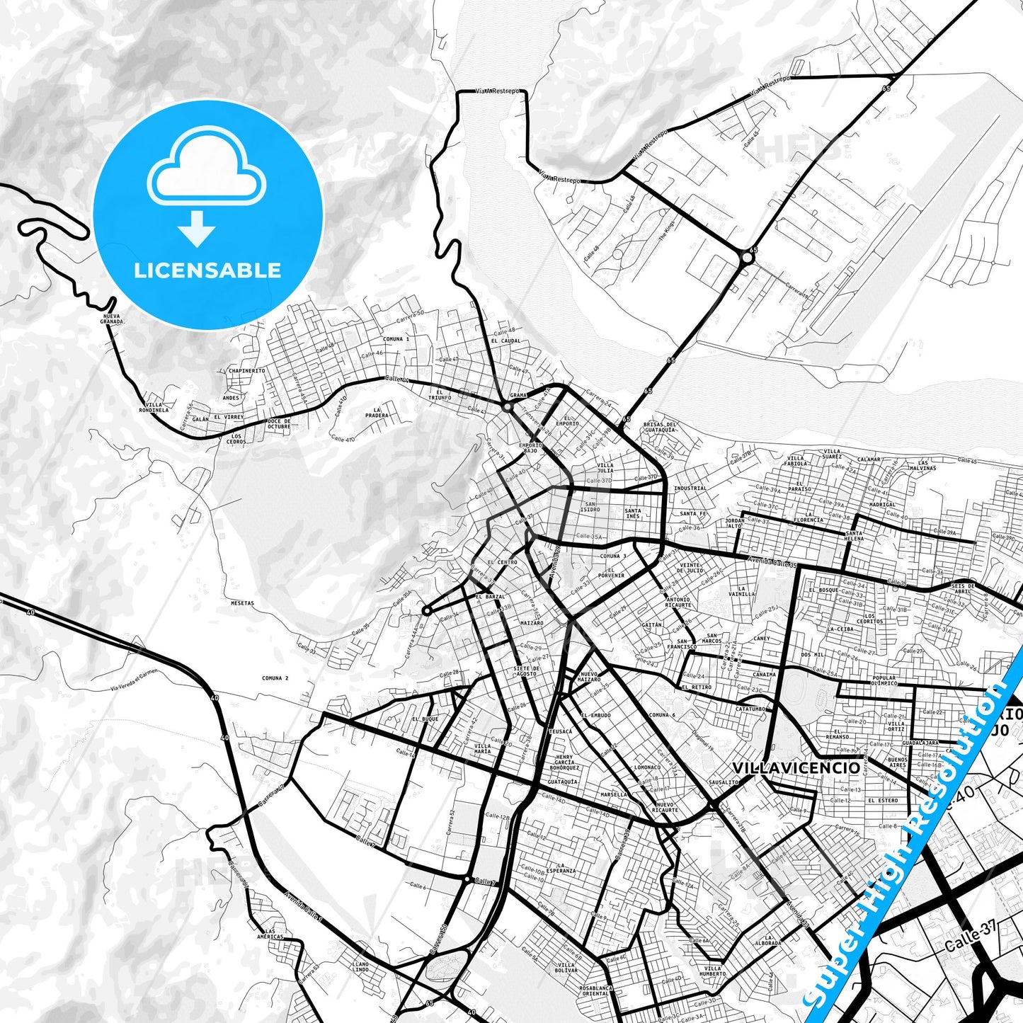 Villavicencio, Colombia Light Map with Street Names, City Names, and Districts