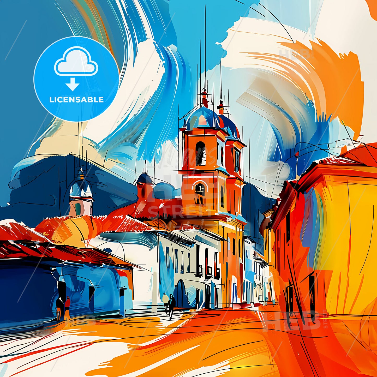 Vibrant Villavicencio, Colombia - A Painting Of A Street With Buildings And A Bell Tower