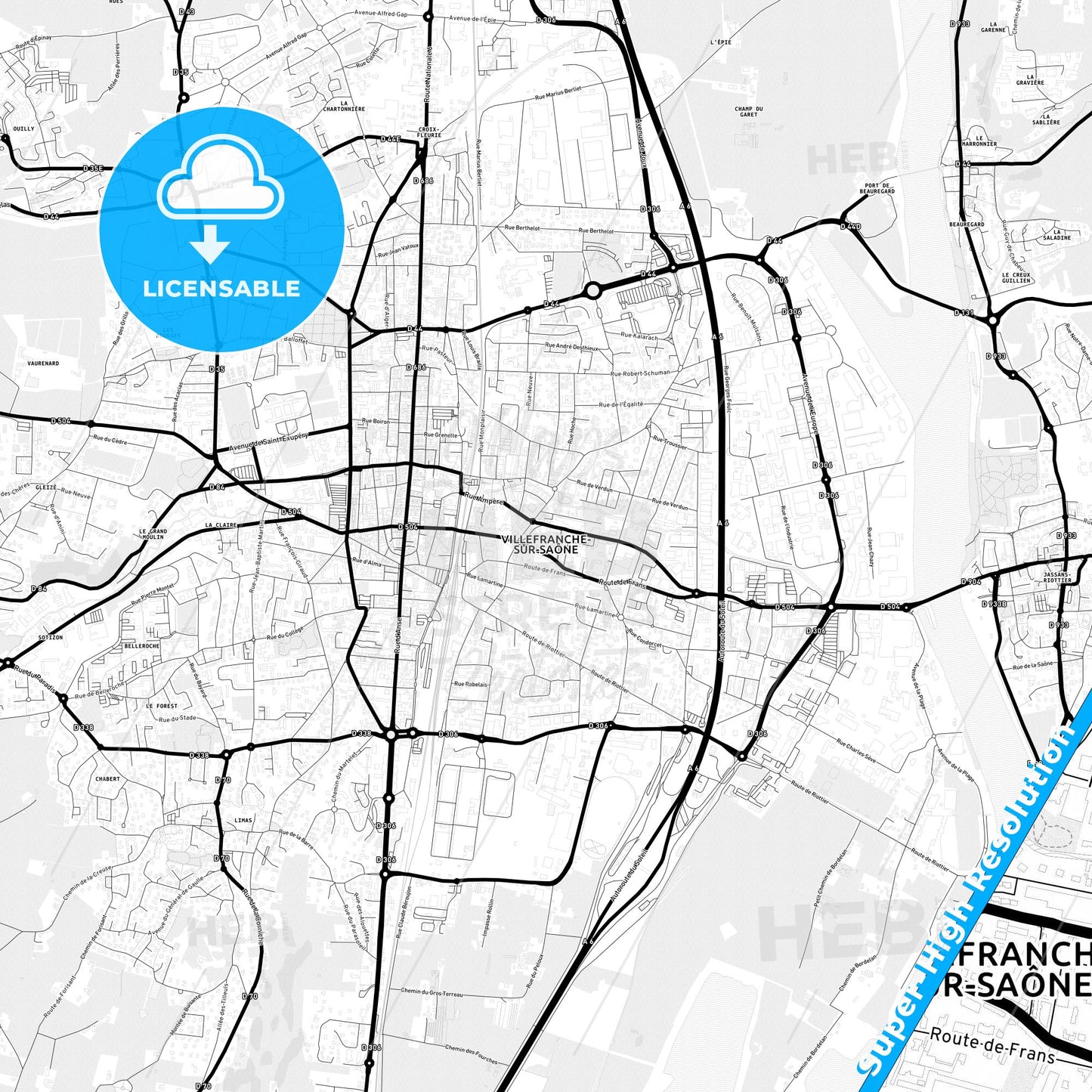 Villefranche-sur-Saône, France Light Map with Street Names, City Names, and Districts