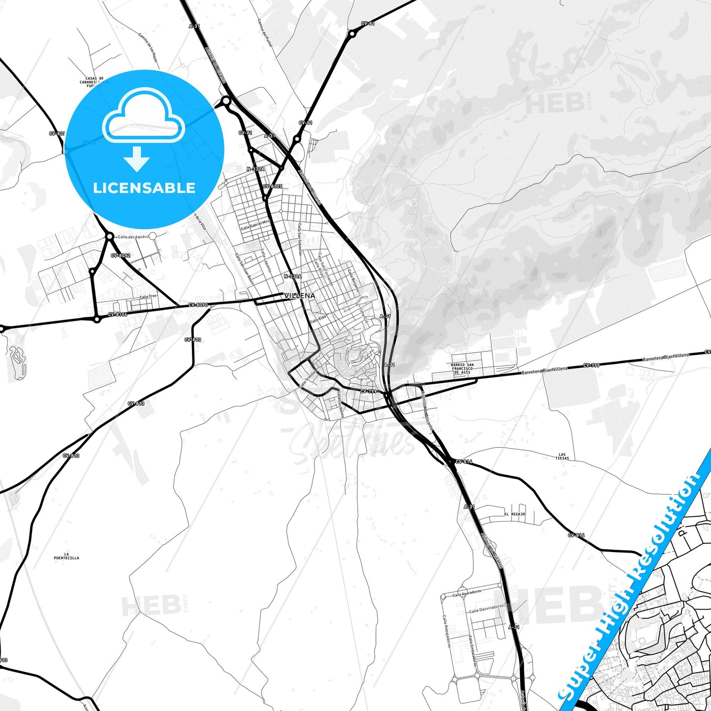 Villena, Spain Light Map with Street Names, City Names, and Districts