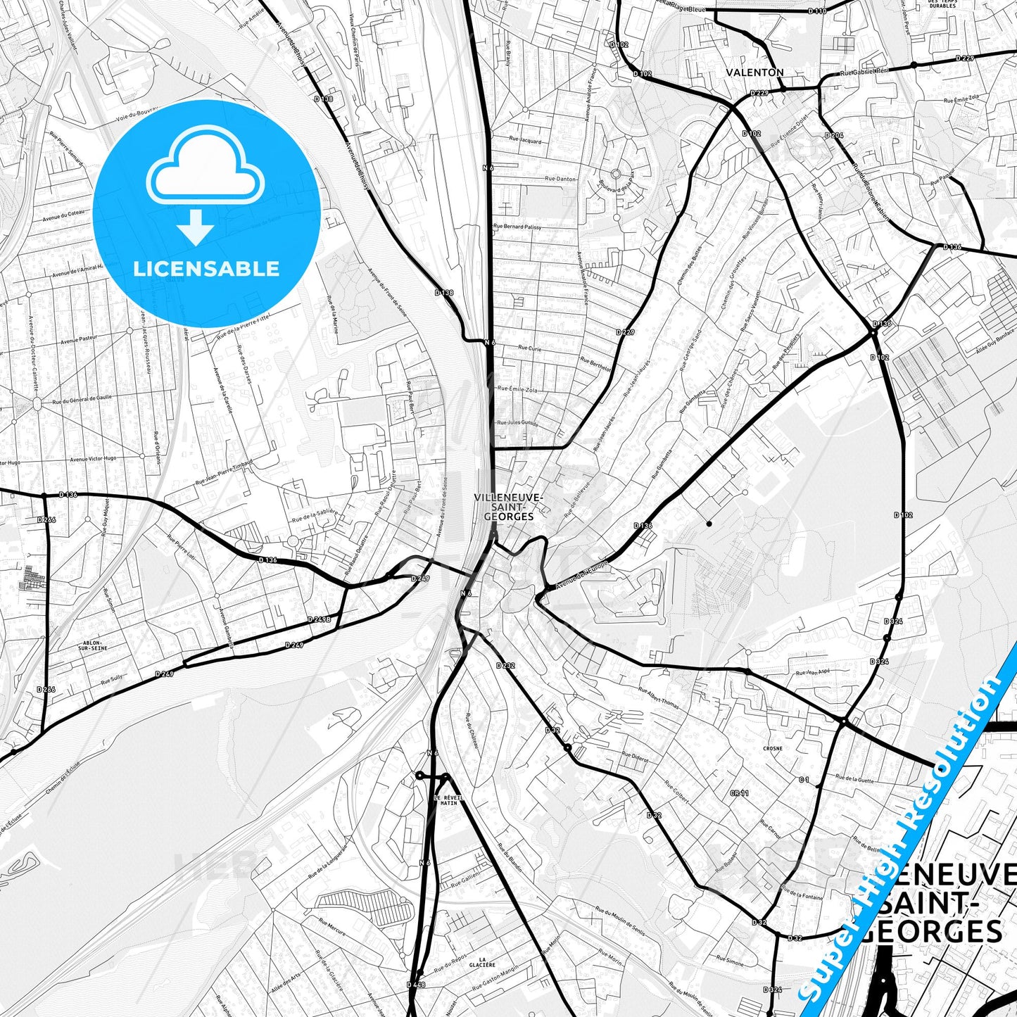 Villeneuve-Saint-Georges, France Light Map with Street Names, City Names, and Districts