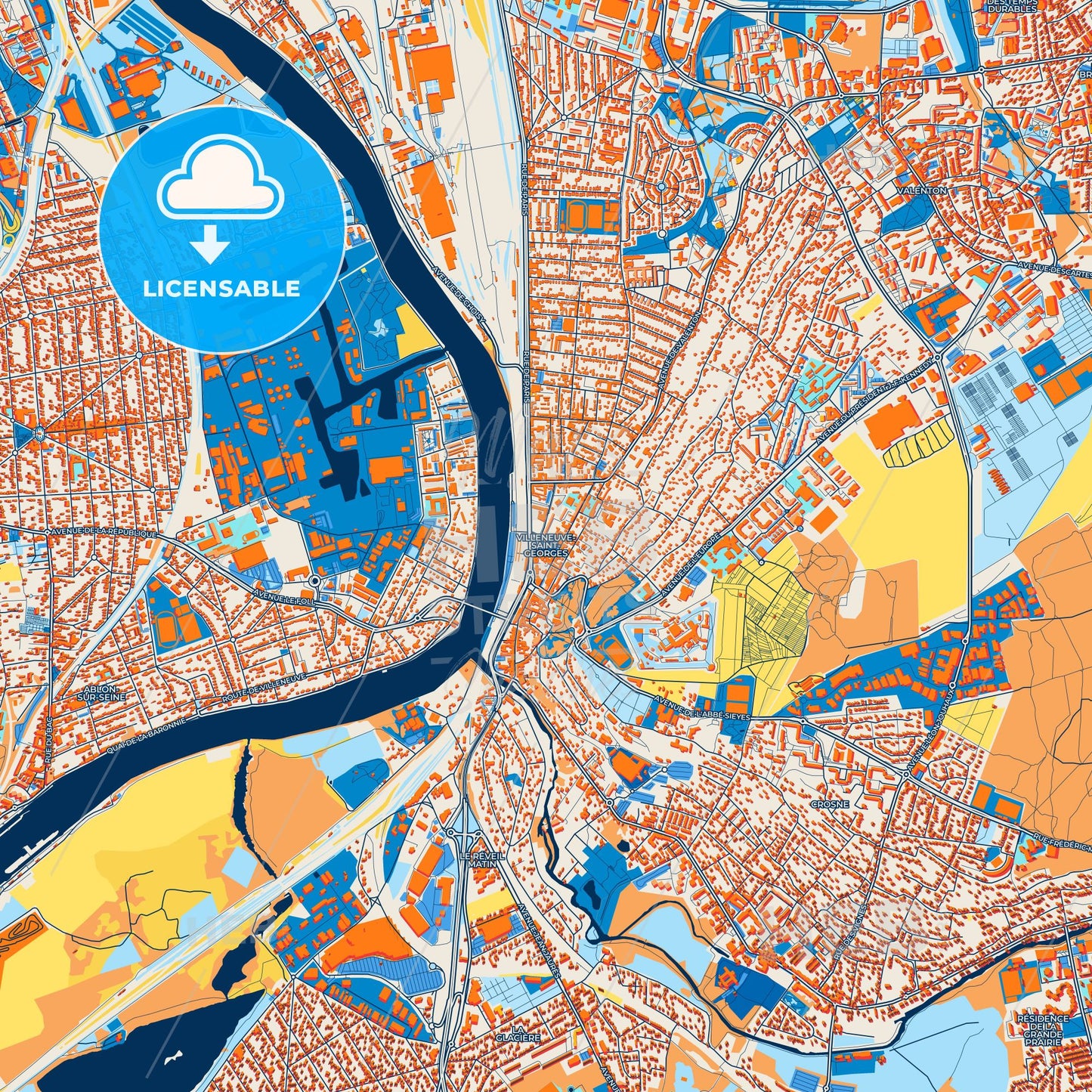 Colorful Villeneuve-Saint-Georges Street Map with Labels and Buildings