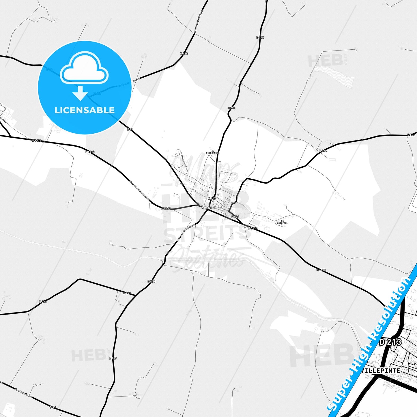 Villepinte, France Light Map with Street Names, City Names, and Districts