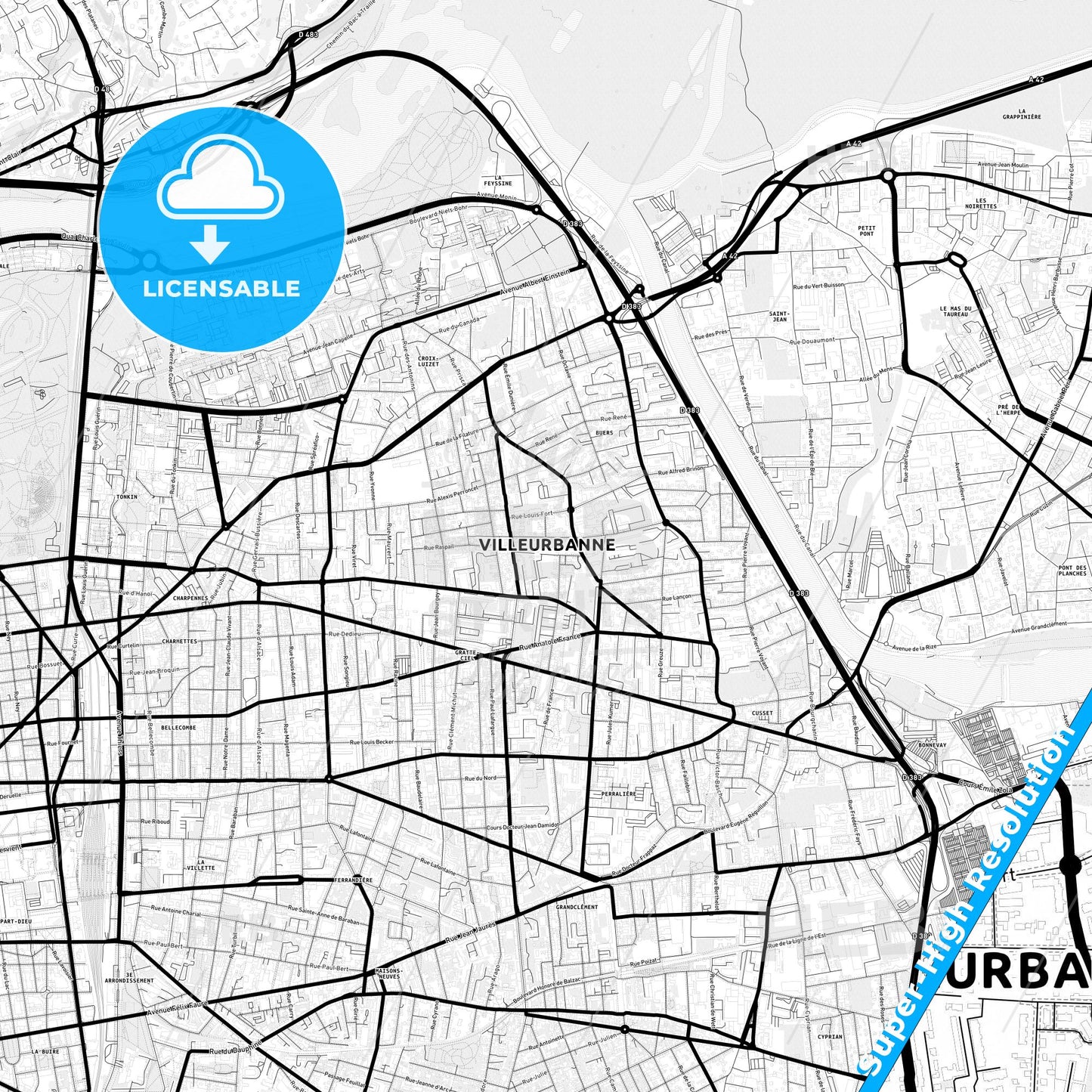 Villeurbanne, France Light Map with Street Names, City Names, and Districts
