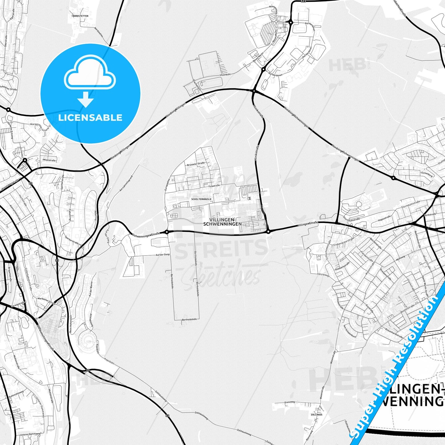Villingen-Schwenningen, Germany Light Map with Street Names, City Names, and Districts