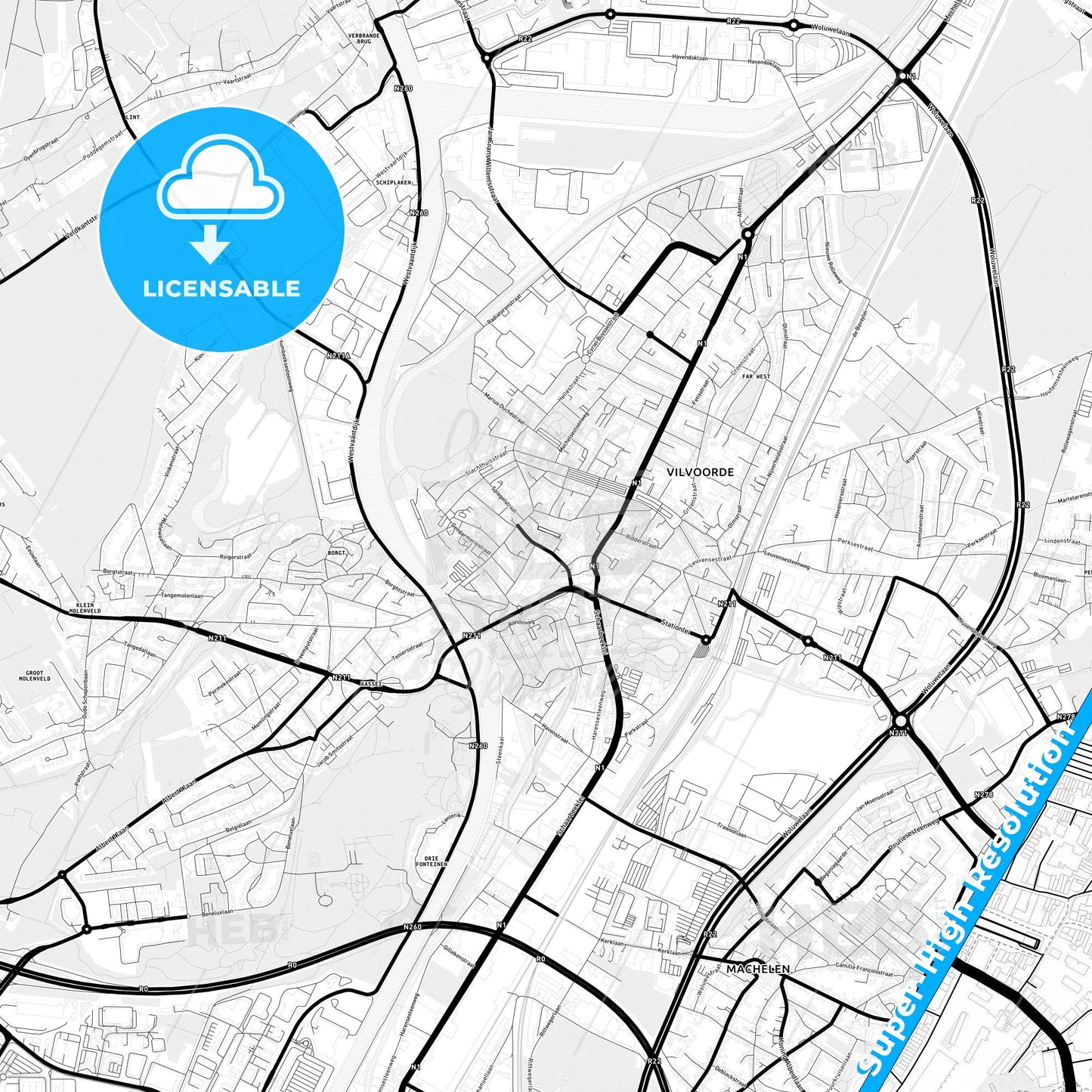 Vilvoorde, Belgium Light Map with Street Names, City Names, and Districts