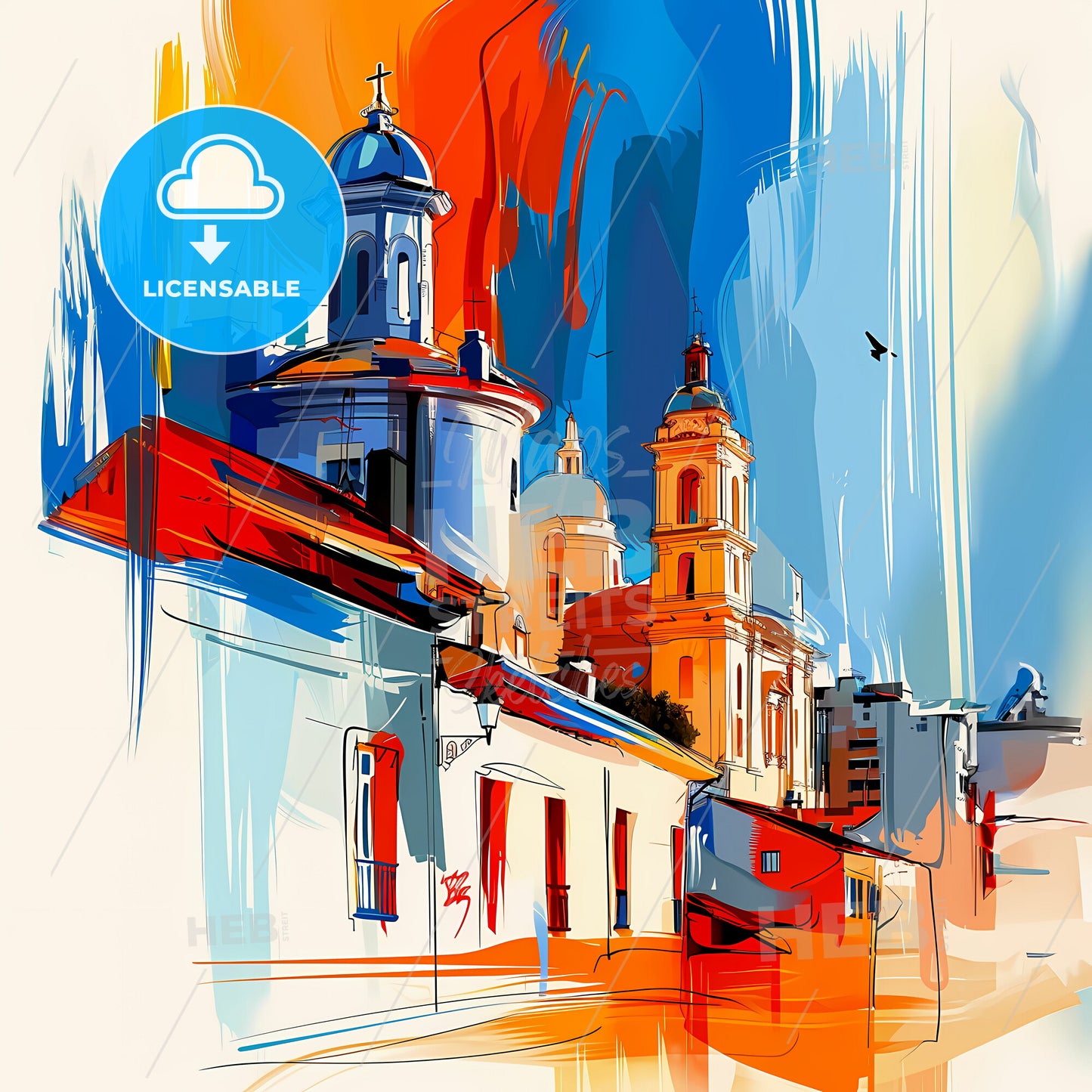 Vibrant Vina Del Mar, Chile - A Painting Of A Building With A Bird Flying