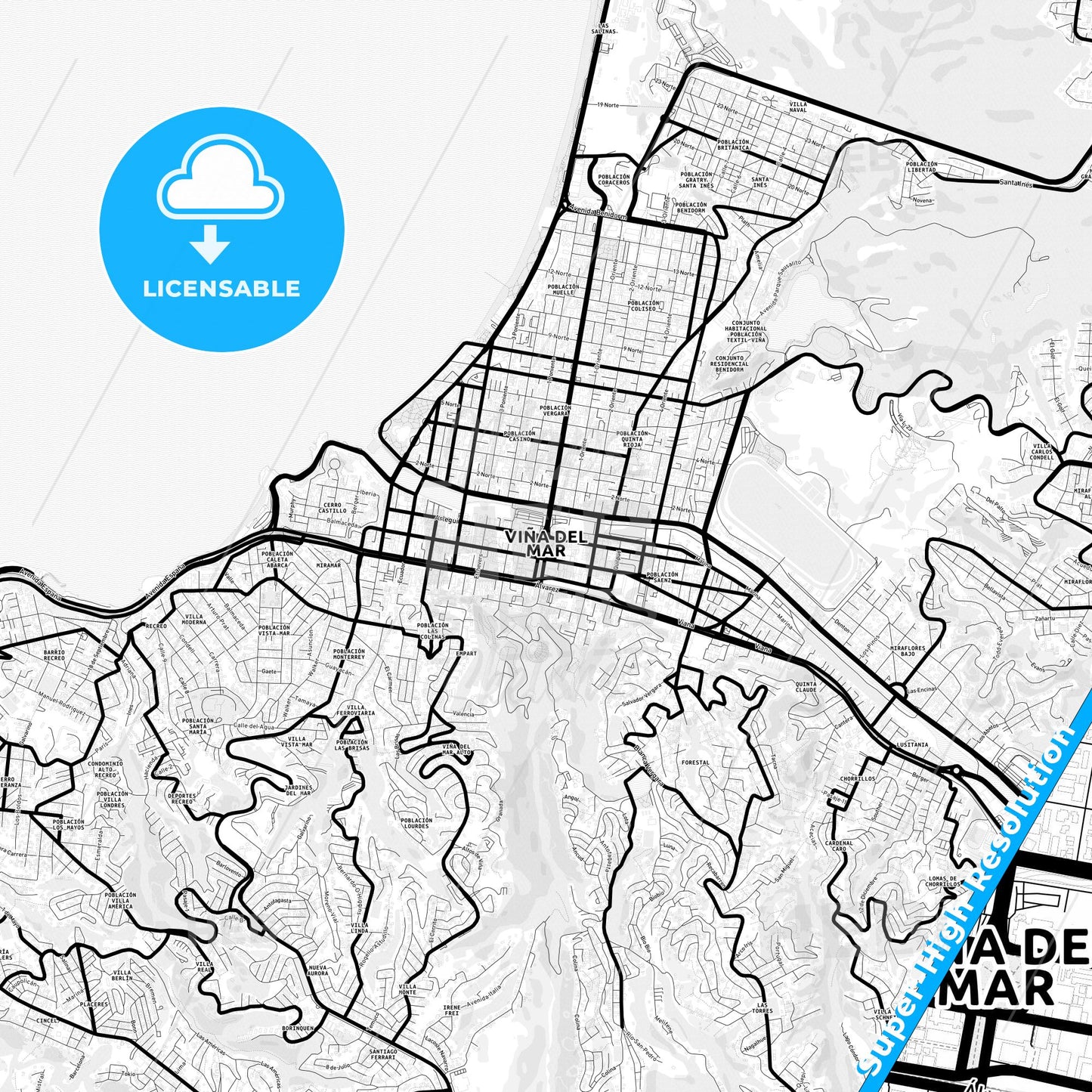 Vina del Mar, Chile Light Map with Street Names, City Names, and Districts