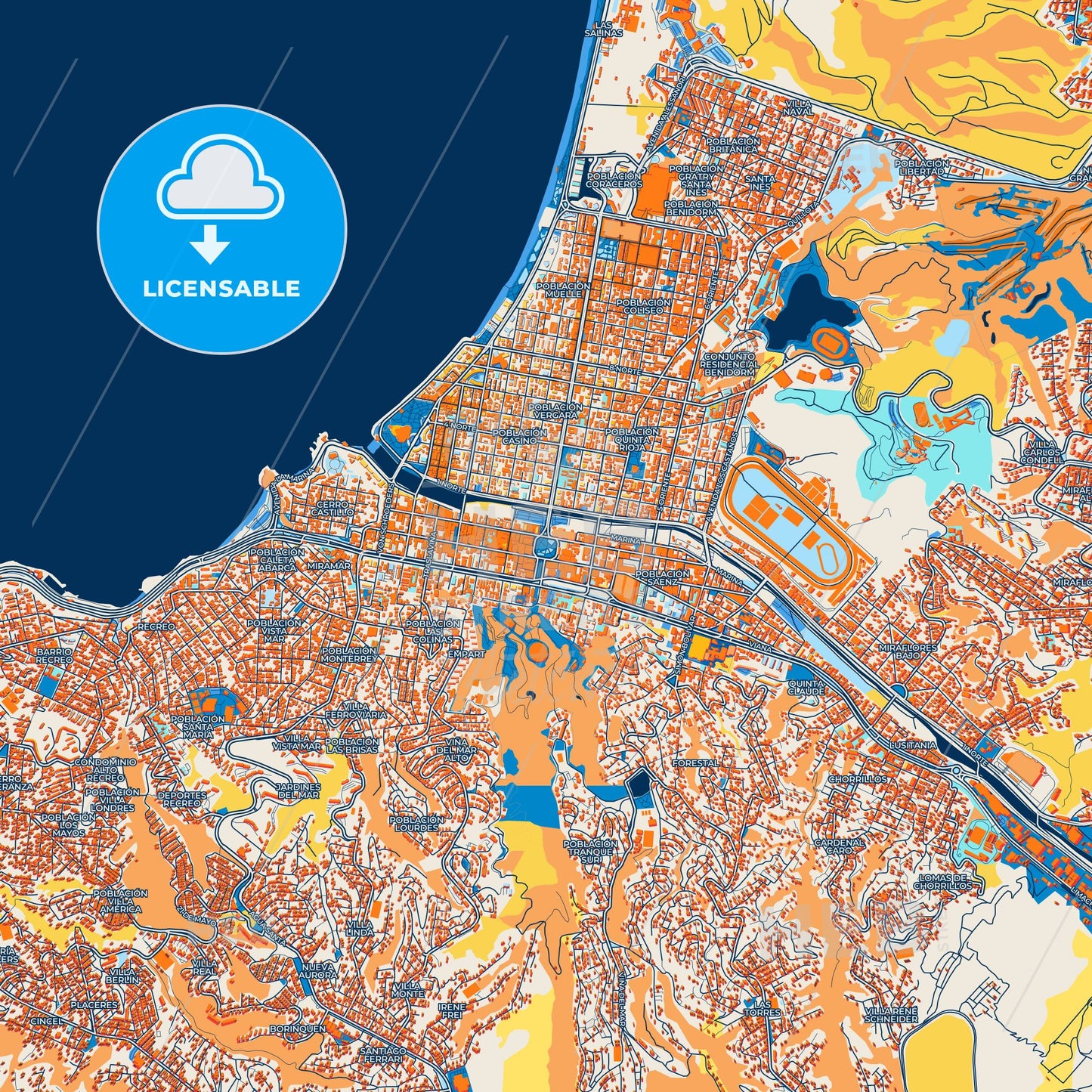 Colorful Vina del Mar Street Map with Labels and Buildings