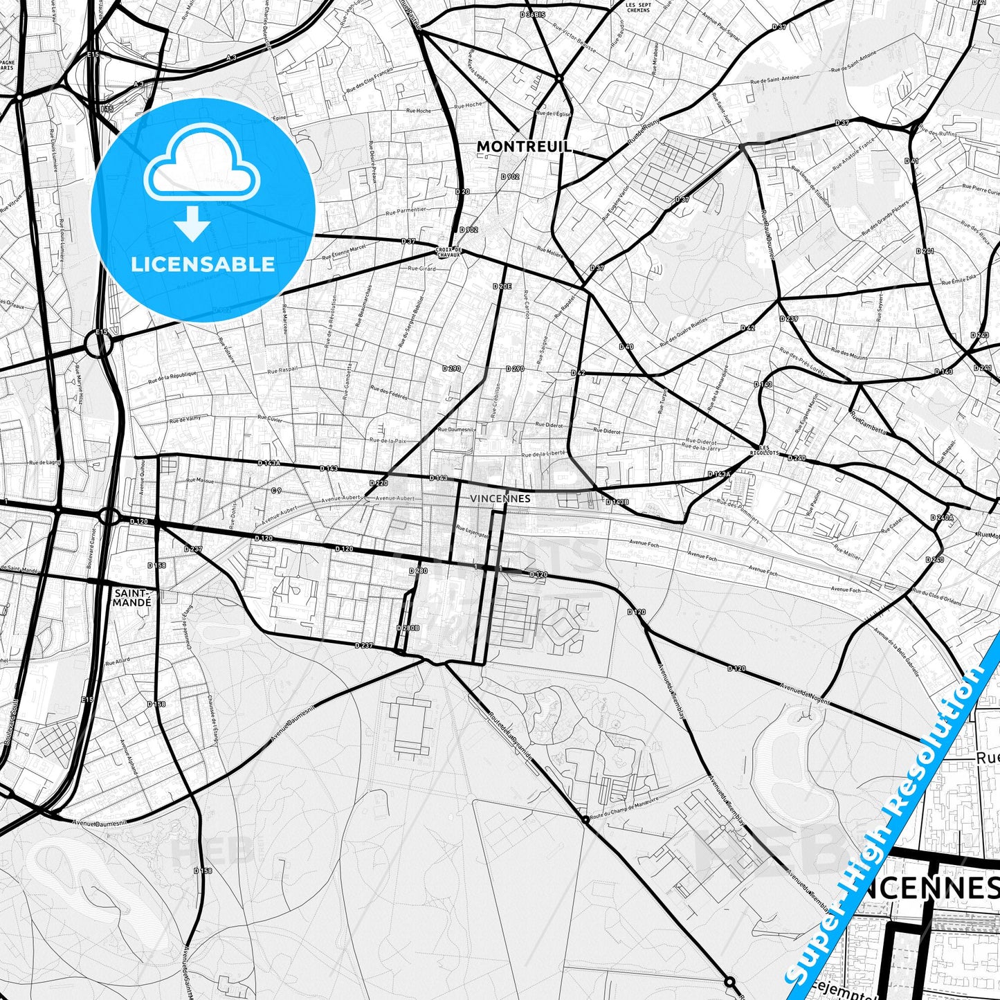 Vincennes, France Light Map with Street Names, City Names, and Districts