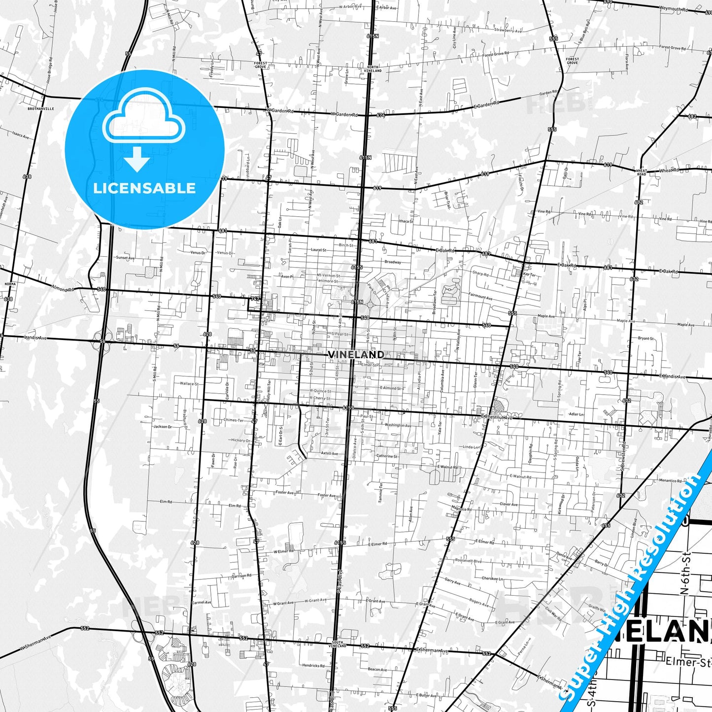 Vineland, New Jersey Light Map with Street Names, City Names, and Districts